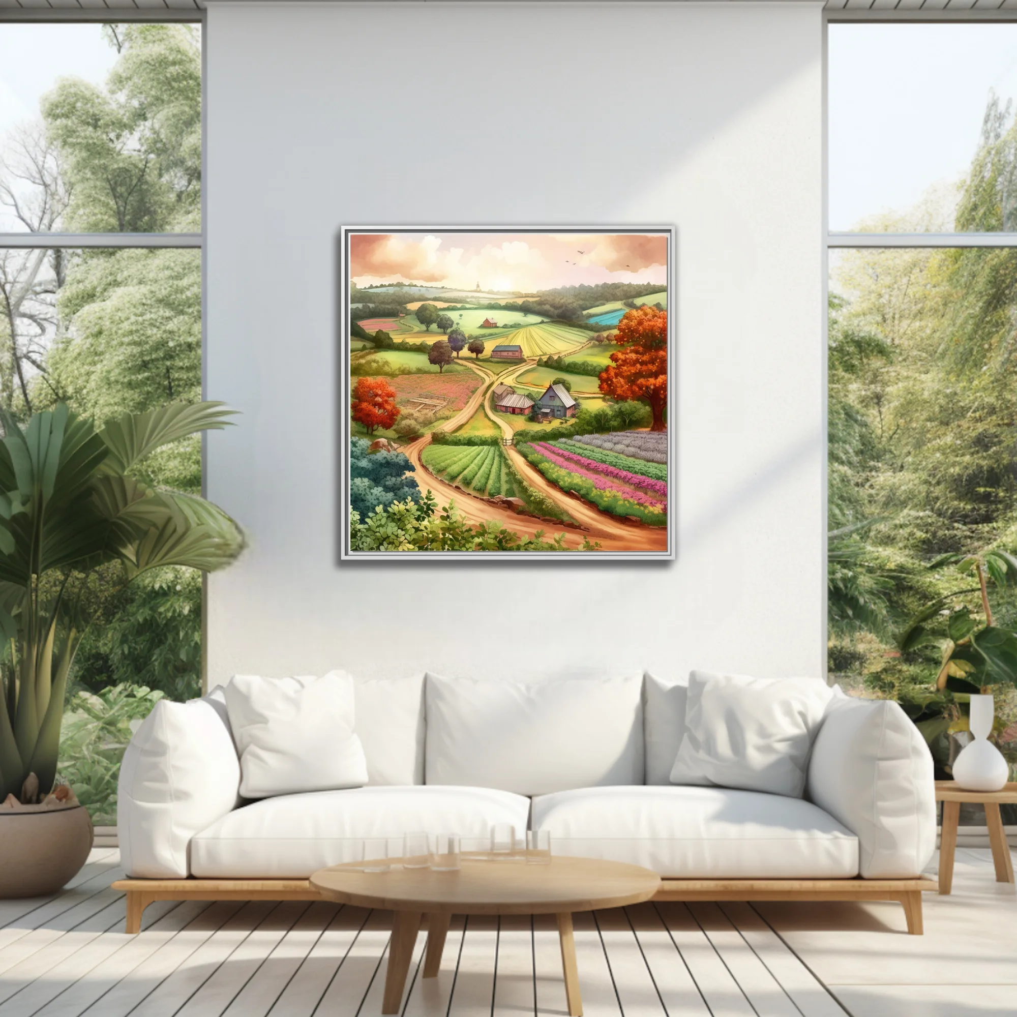 Watercolor-style countryside farm landscape with rolling hills, colorful crop rows, and autumn trees