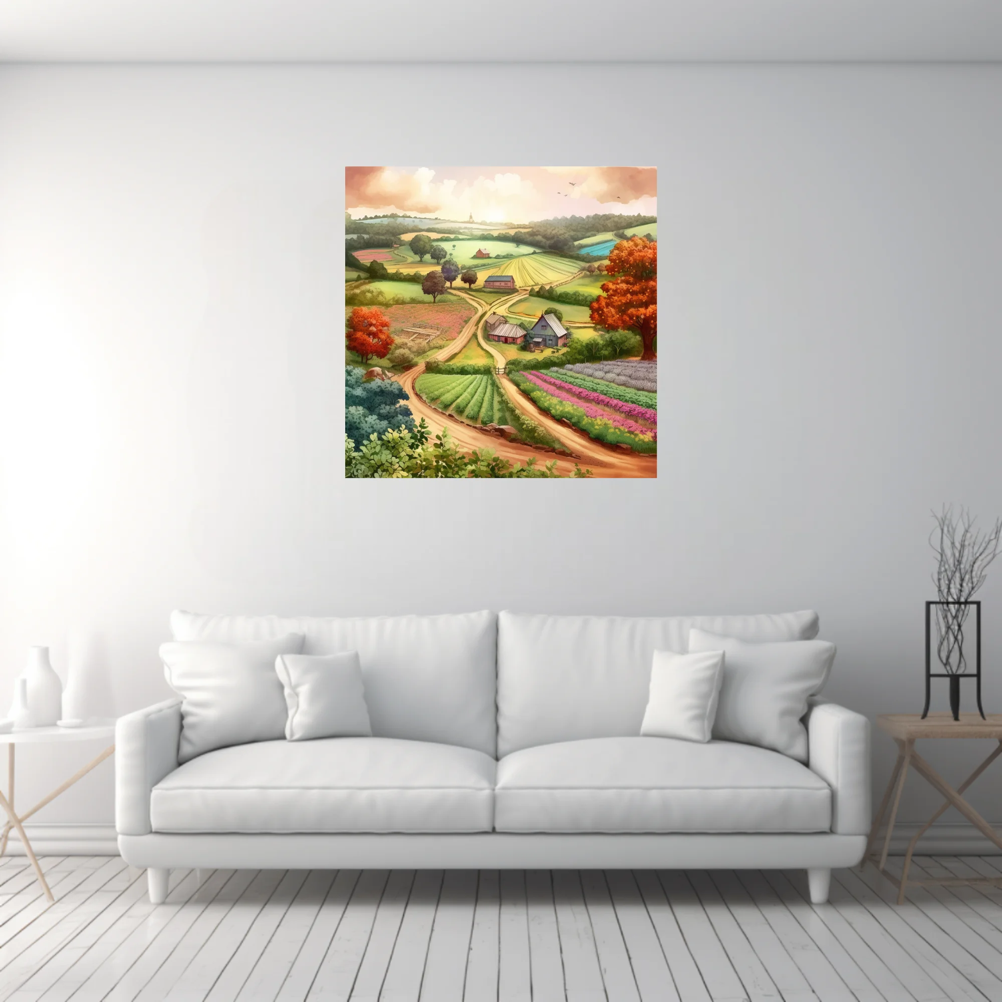 Watercolor-style countryside farm landscape with rolling hills, colorful crop rows, and autumn trees