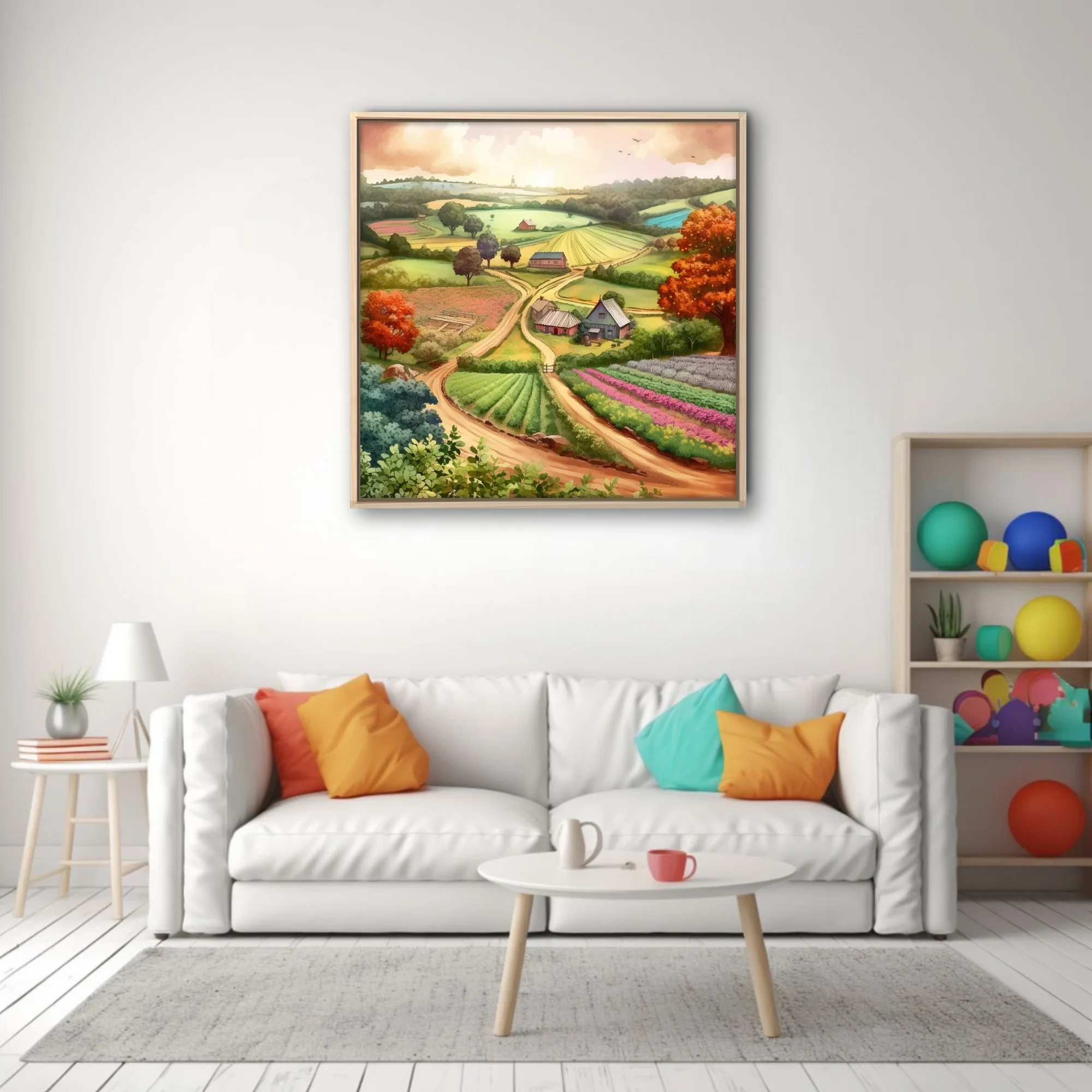 Watercolor-style countryside farm landscape with rolling hills, colorful crop rows, and autumn trees