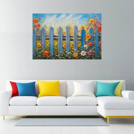 Cobalt picket fence with vibrant summer flowers, cottage garden landscape in cheerful colors
