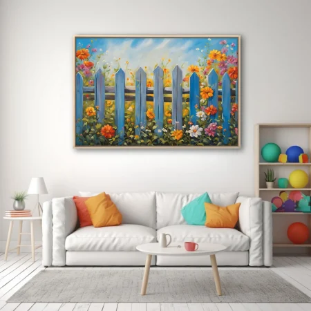 Cobalt picket fence with vibrant summer flowers, cottage garden landscape in cheerful colors