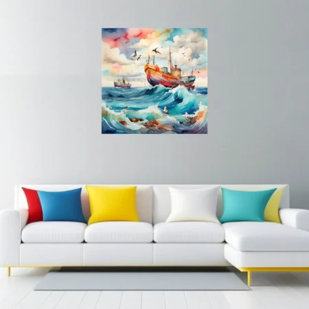 Watercolor-style fishing boats on stormy seas with seabirds and vivid teal waves