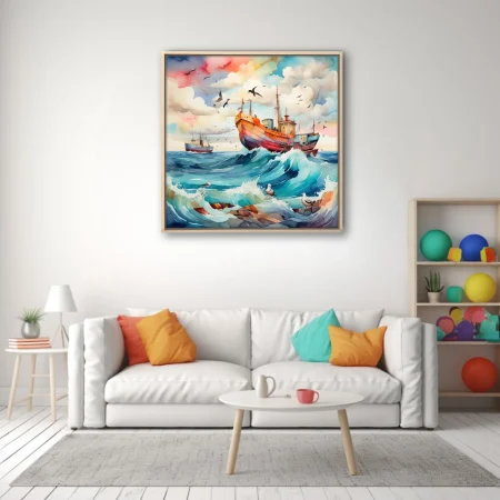 Watercolor-style fishing boats on stormy seas with seabirds and vivid teal waves