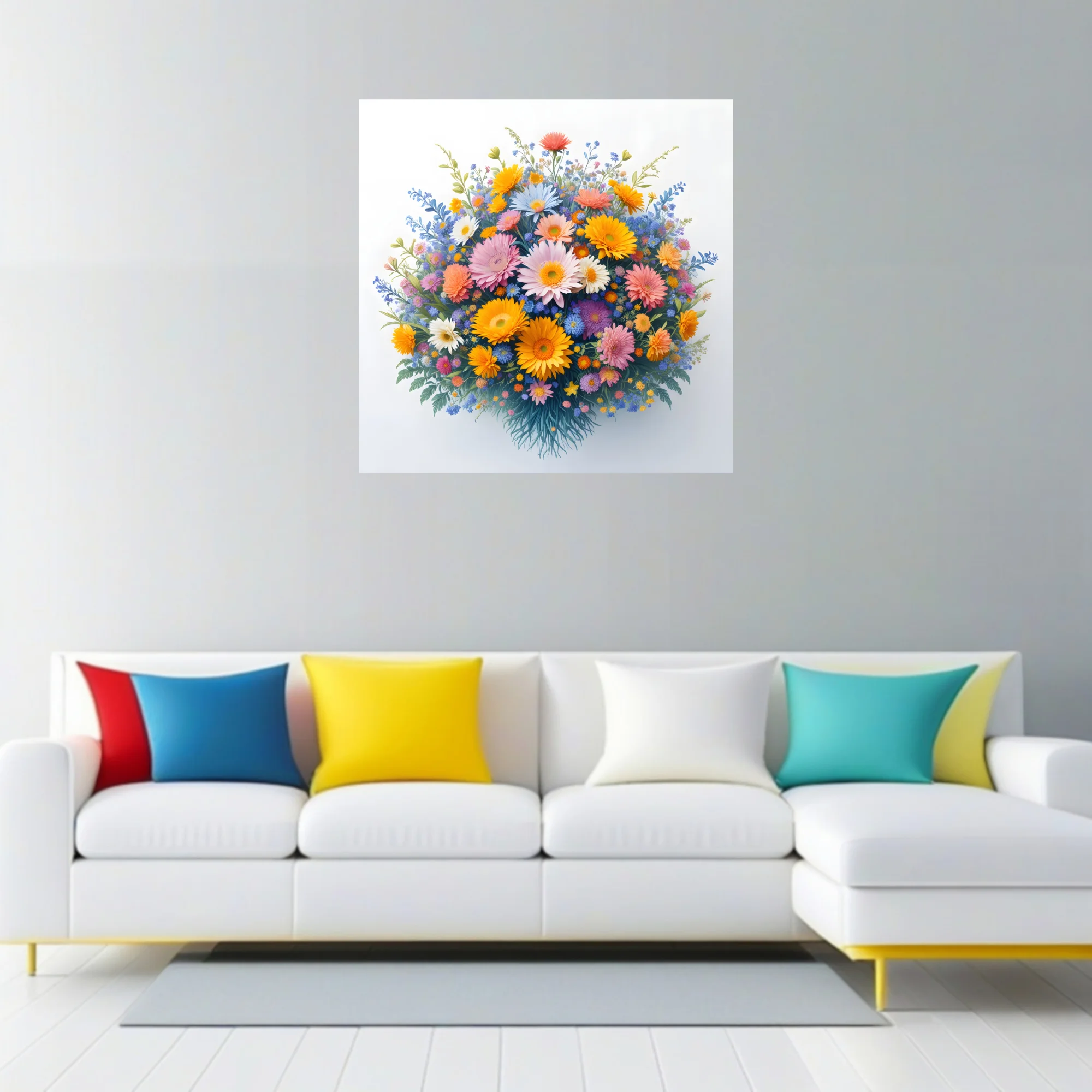 Vibrant mixed floral bouquet illustration — gerberas, daisies, wildflowers, warm and cool palette