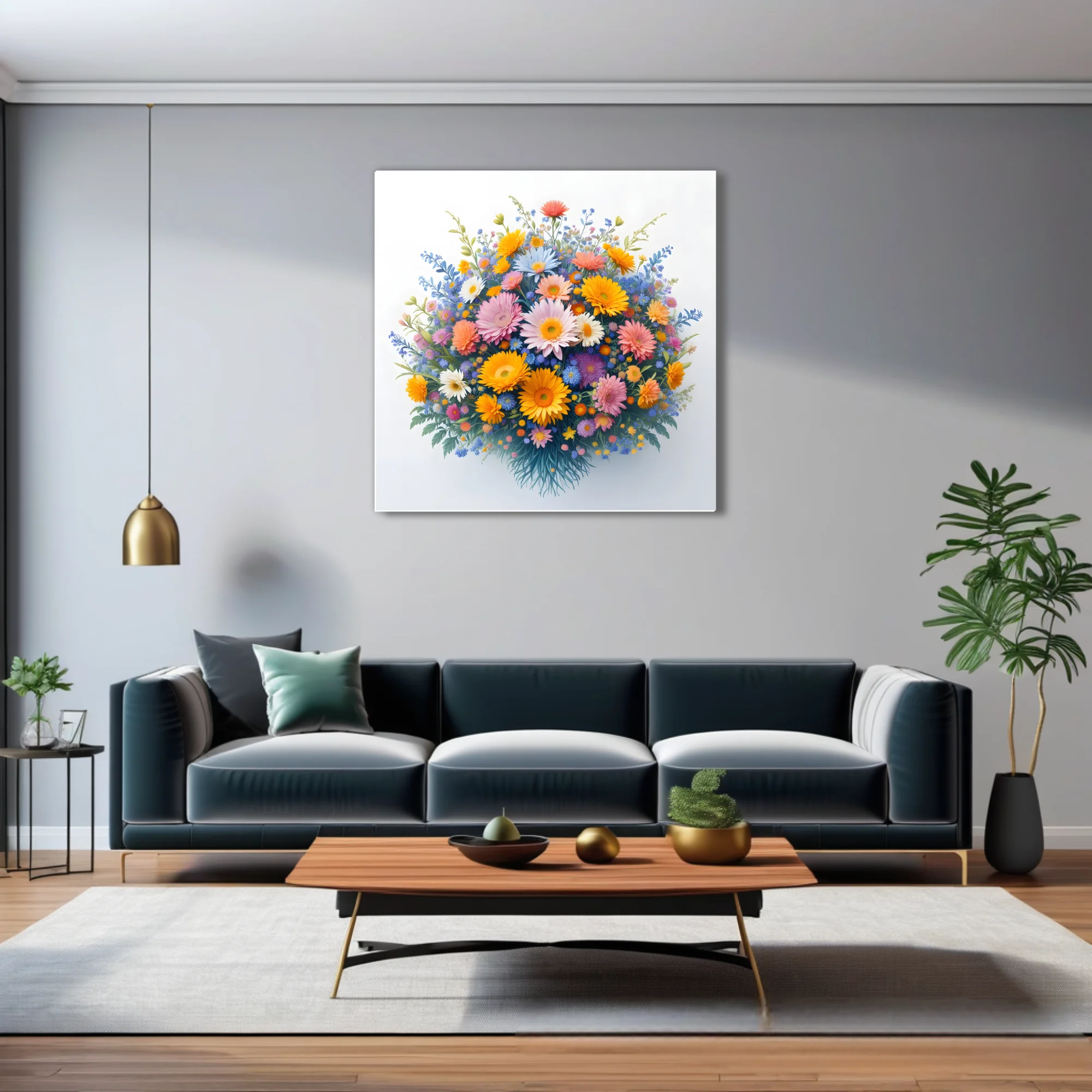 Vibrant mixed floral bouquet illustration — gerberas, daisies, wildflowers, warm and cool palette