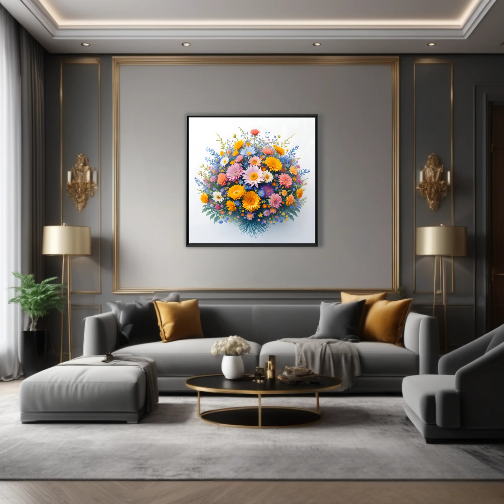 Vibrant mixed floral bouquet illustration — gerberas, daisies, wildflowers, warm and cool palette