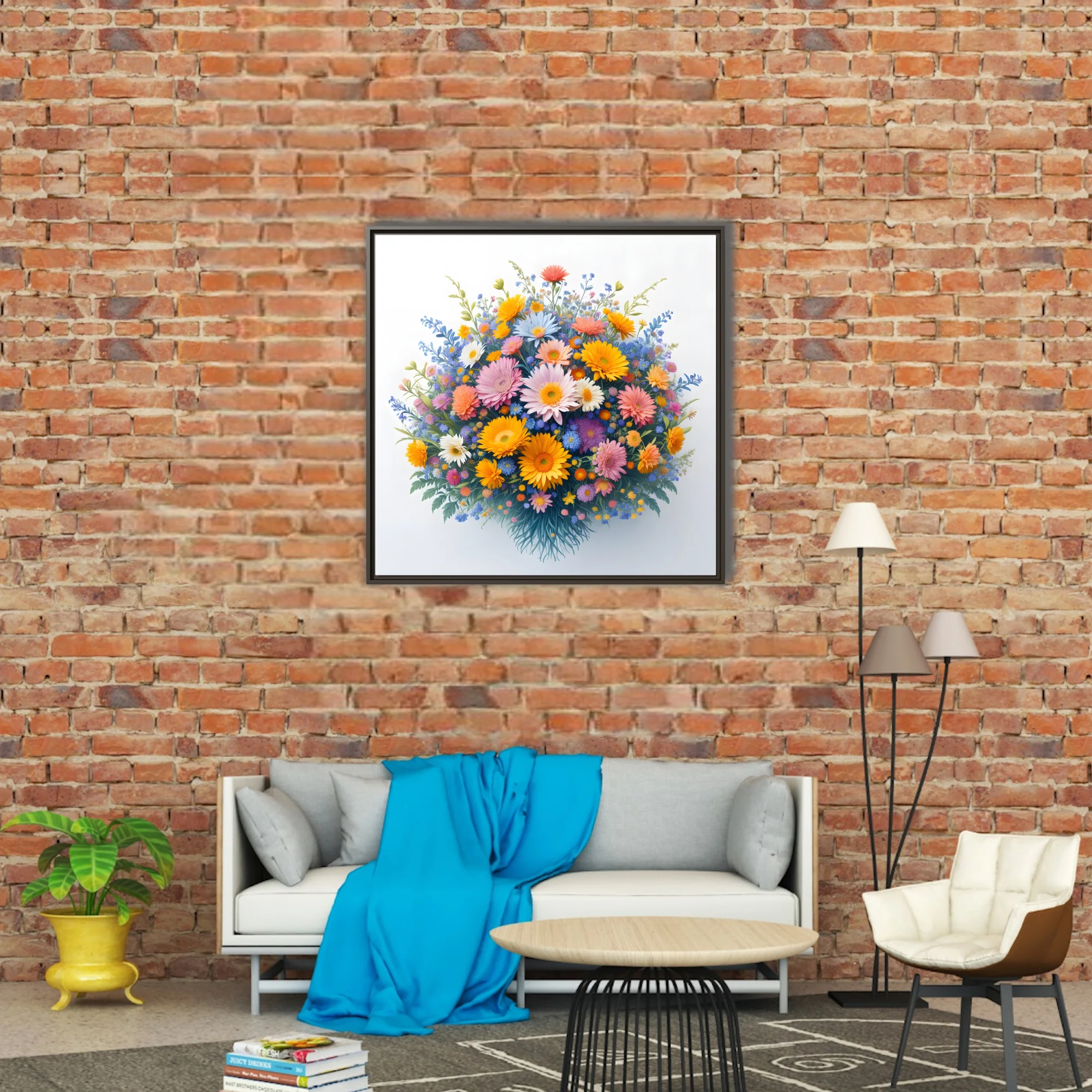 Vibrant mixed floral bouquet illustration — gerberas, daisies, wildflowers, warm and cool palette