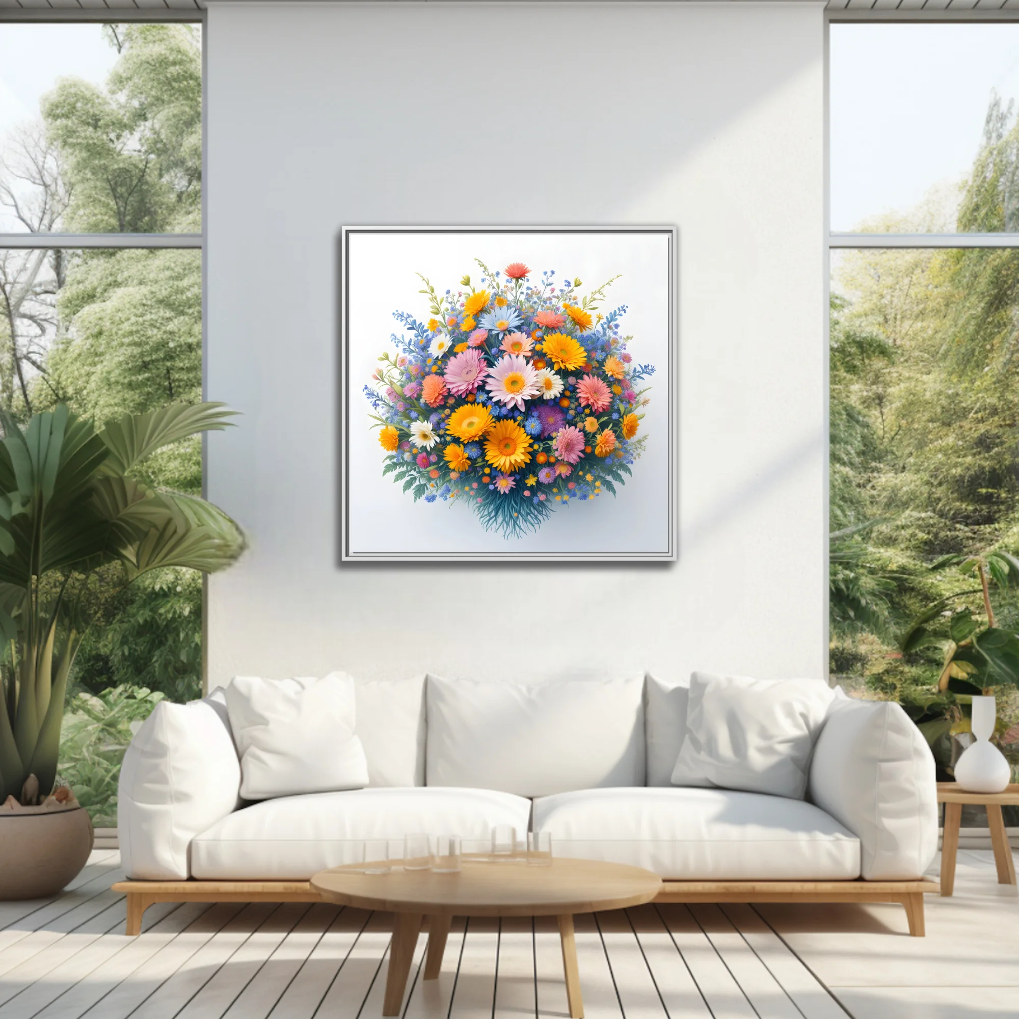 Vibrant mixed floral bouquet illustration — gerberas, daisies, wildflowers, warm and cool palette