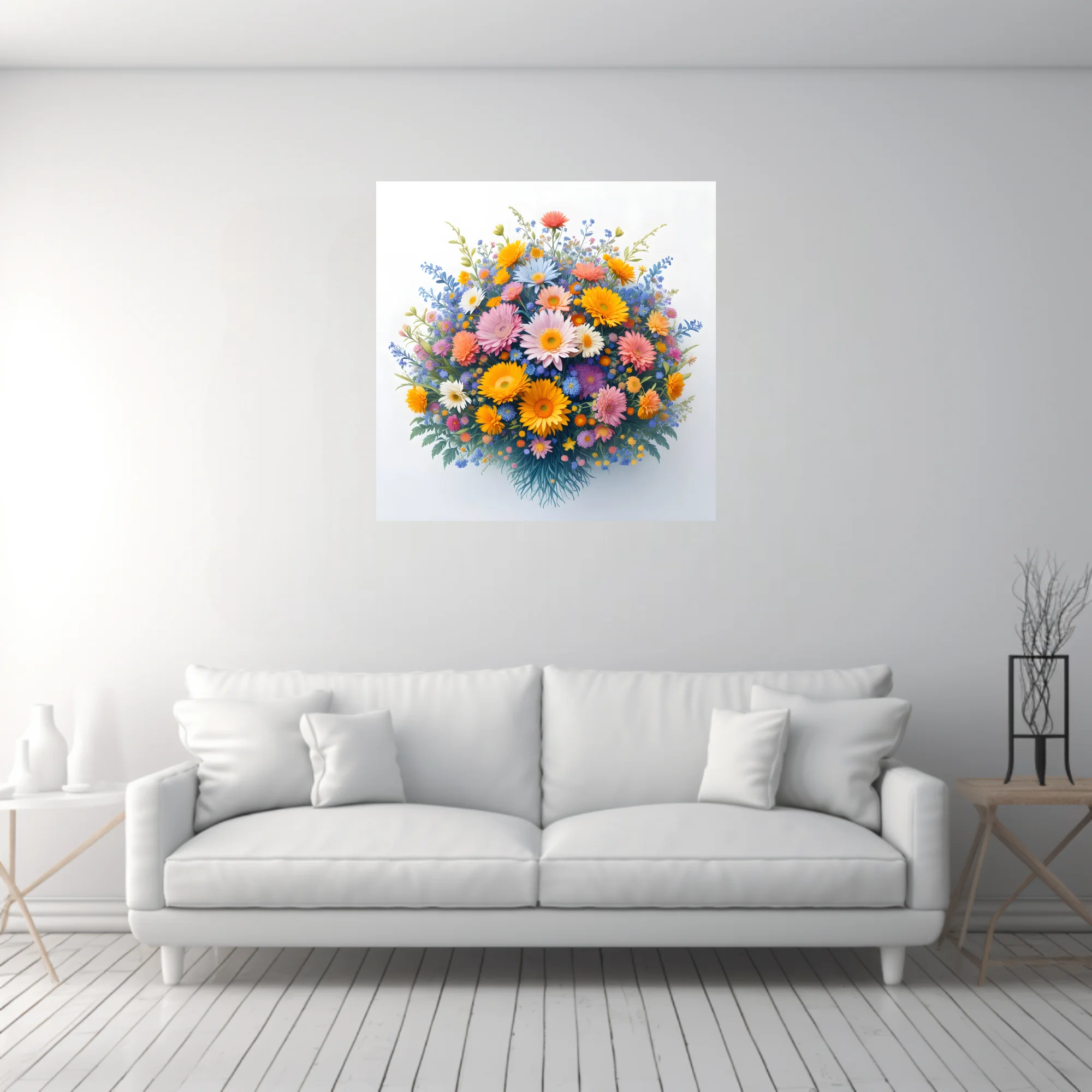 Vibrant mixed floral bouquet illustration — gerberas, daisies, wildflowers, warm and cool palette