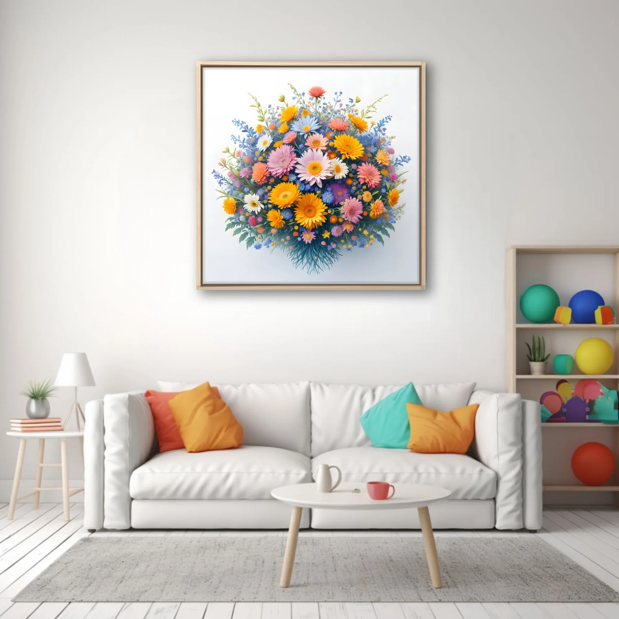 Vibrant mixed floral bouquet illustration — gerberas, daisies, wildflowers, warm and cool palette