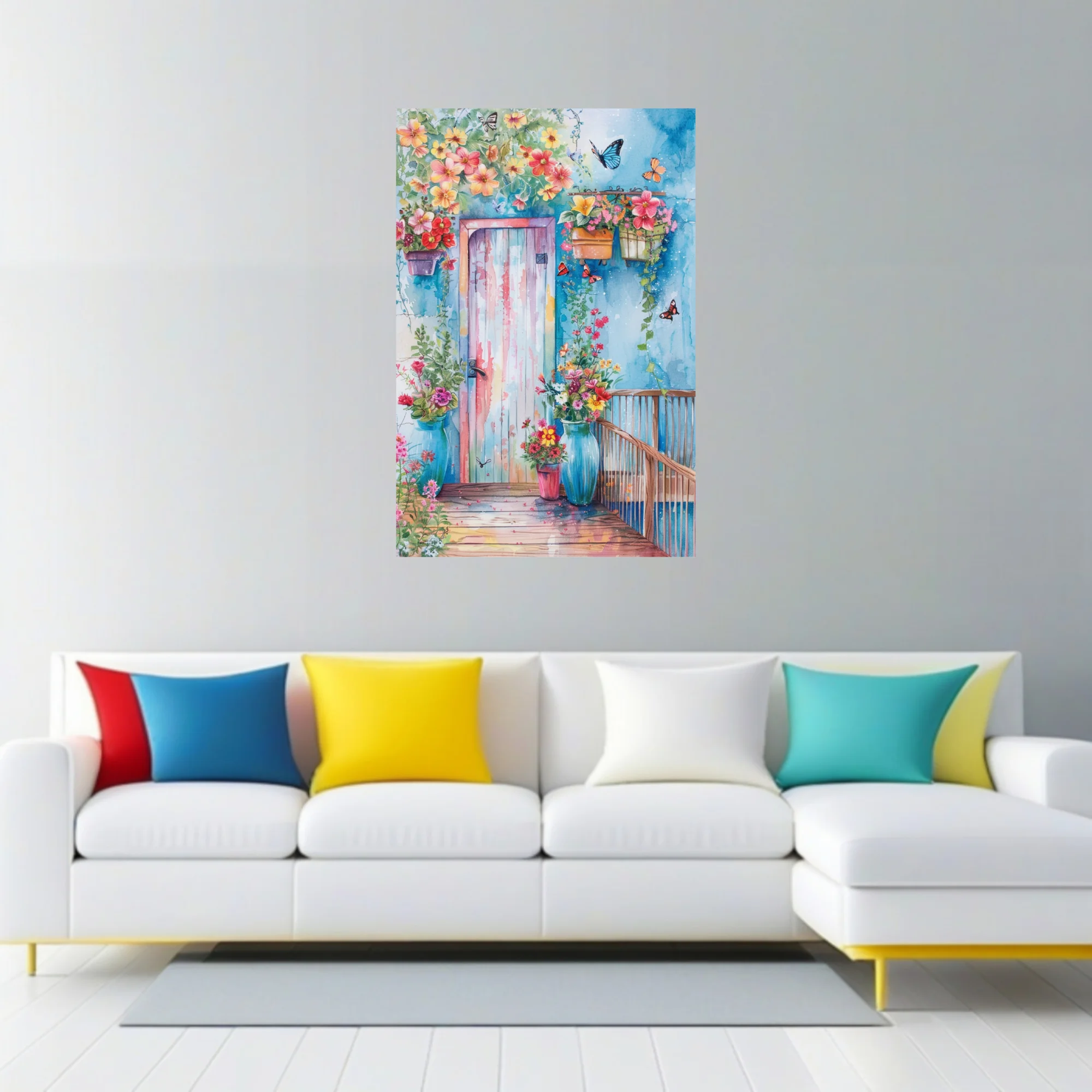 Watercolor-style floral doorway with butterflies, coral blooms, and cobalt blue wall