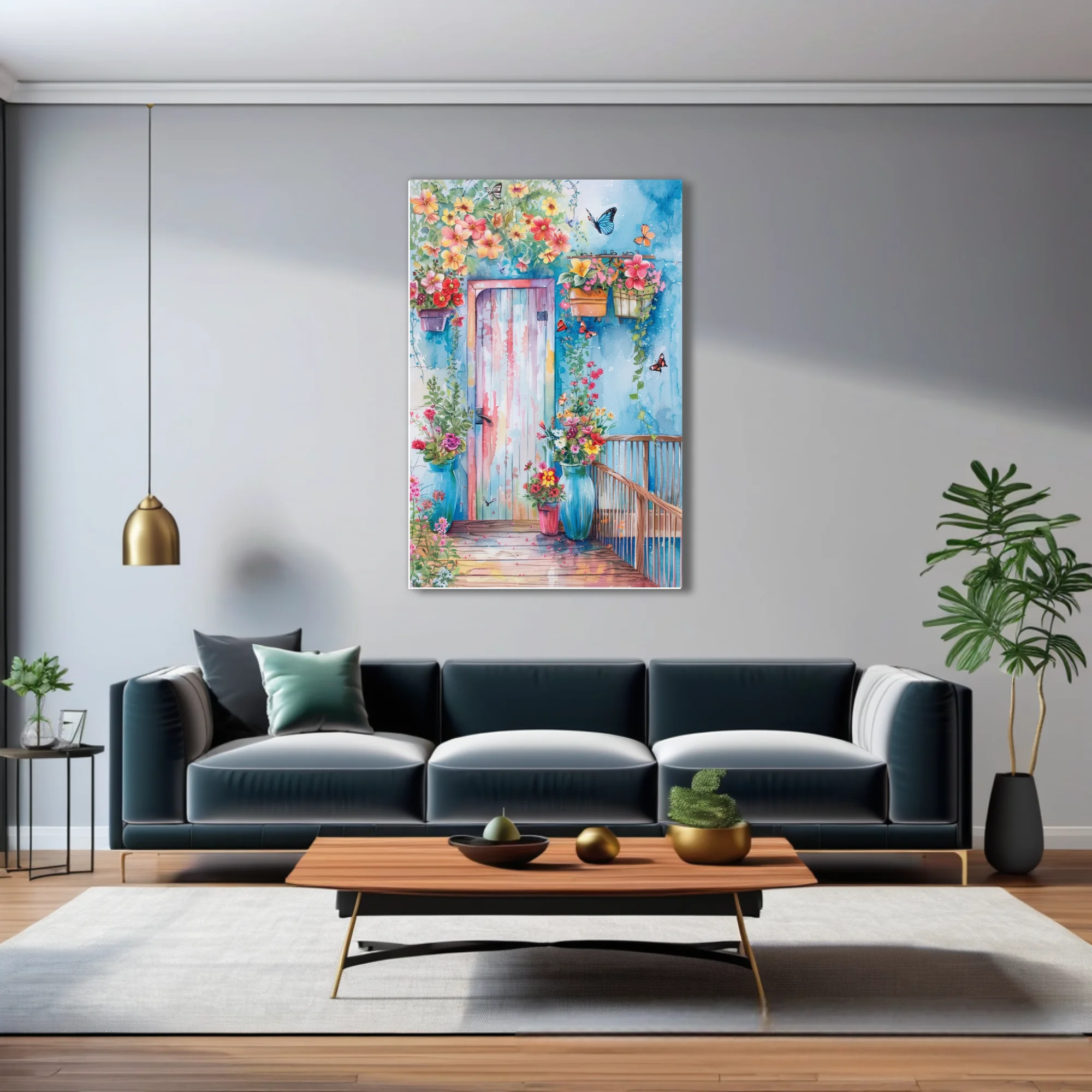Watercolor-style floral doorway with butterflies, coral blooms, and cobalt blue wall