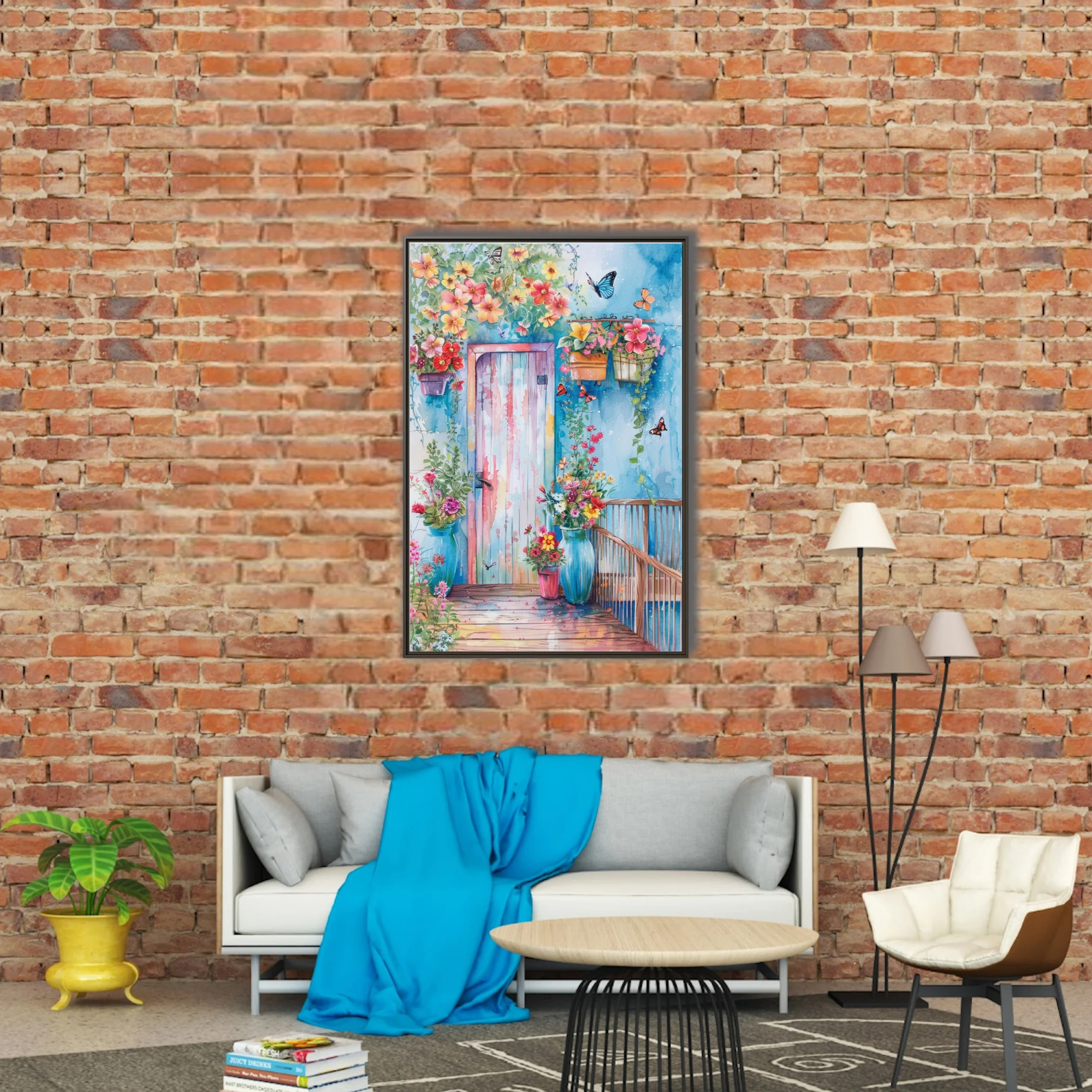 Watercolor-style floral doorway with butterflies, coral blooms, and cobalt blue wall