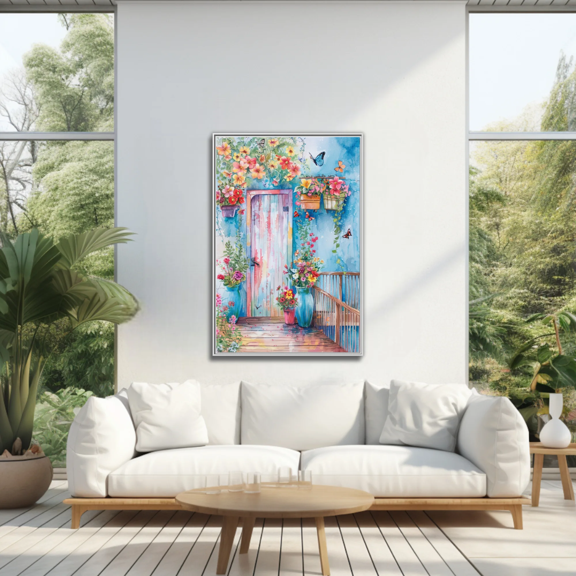 Watercolor-style floral doorway with butterflies, coral blooms, and cobalt blue wall