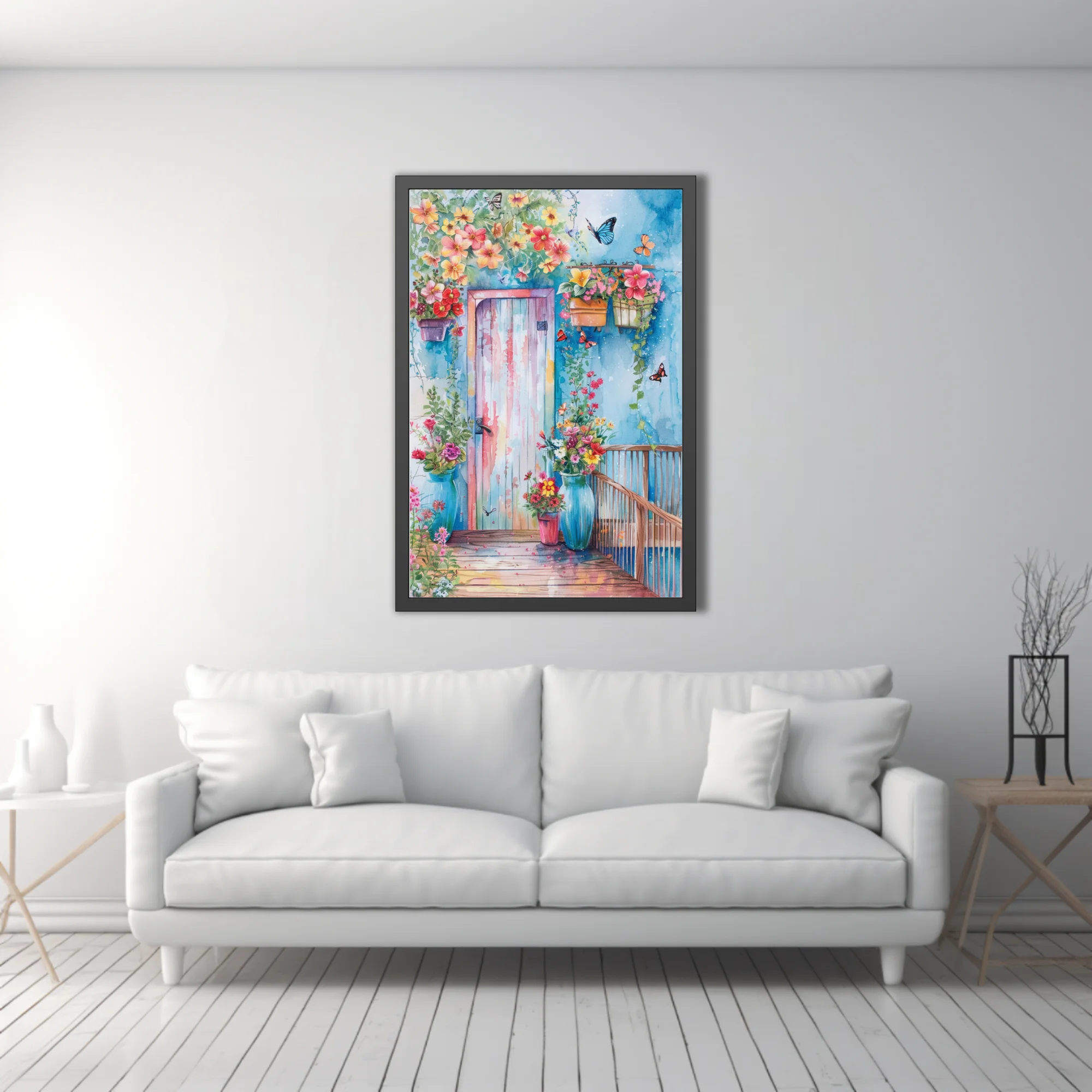 Watercolor-style floral doorway with butterflies, coral blooms, and cobalt blue wall