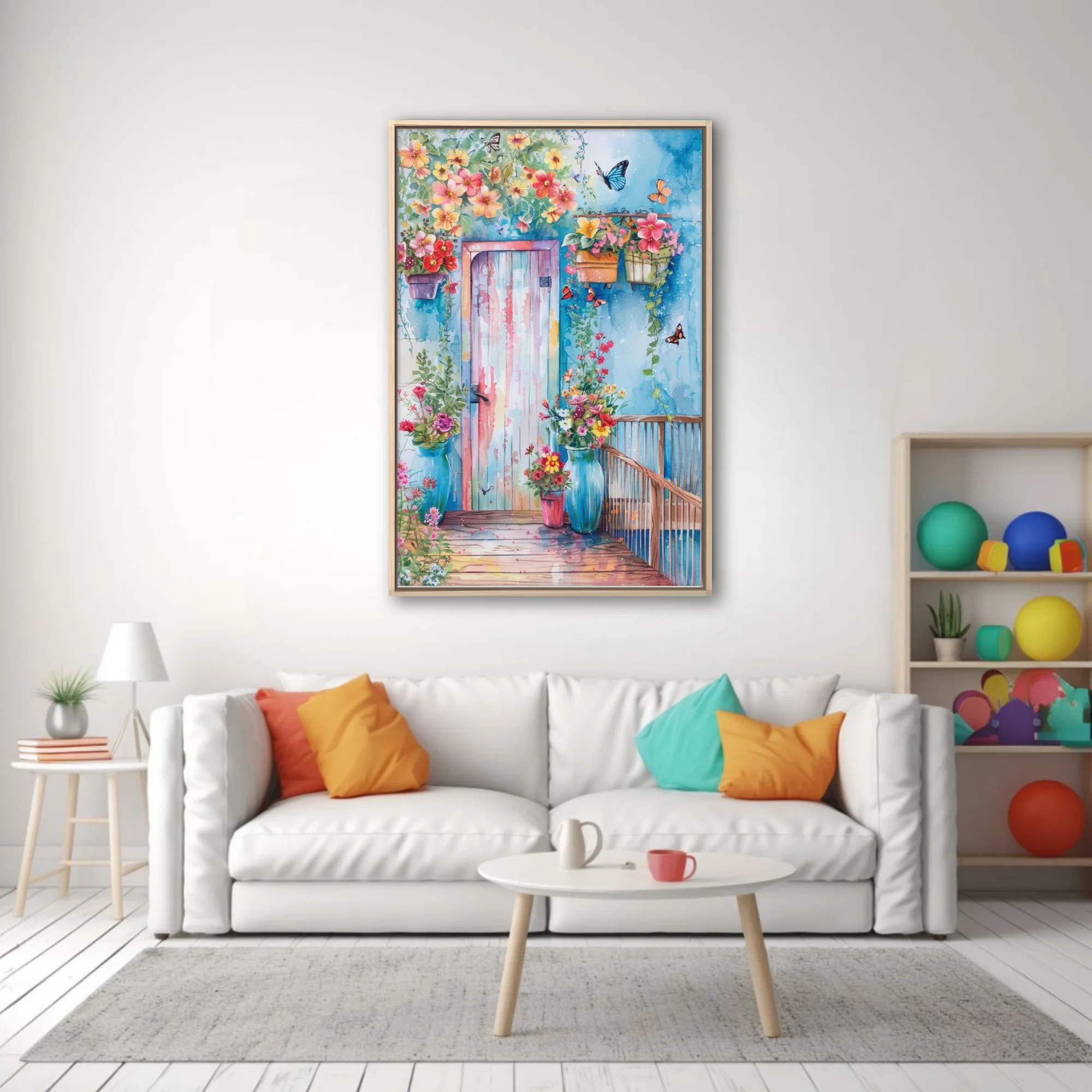 Watercolor-style floral doorway with butterflies, coral blooms, and cobalt blue wall