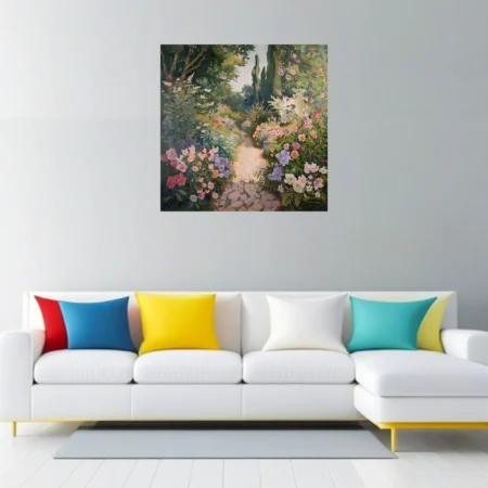 Painterly flower garden landscape with stone path, pastel blooms, cypress trees
