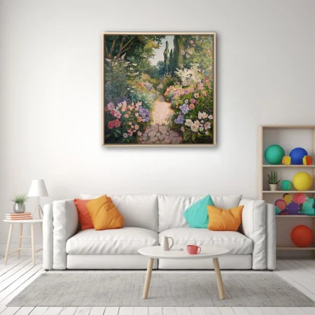 Painterly flower garden landscape with stone path, pastel blooms, cypress trees