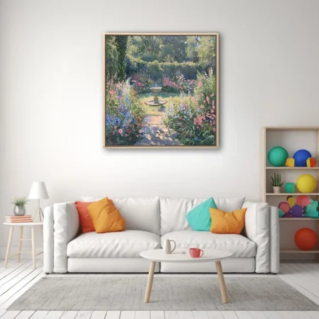 Soft painterly cottage garden with stone fountain, foxgloves and roses in pastel pinks, blues and greens