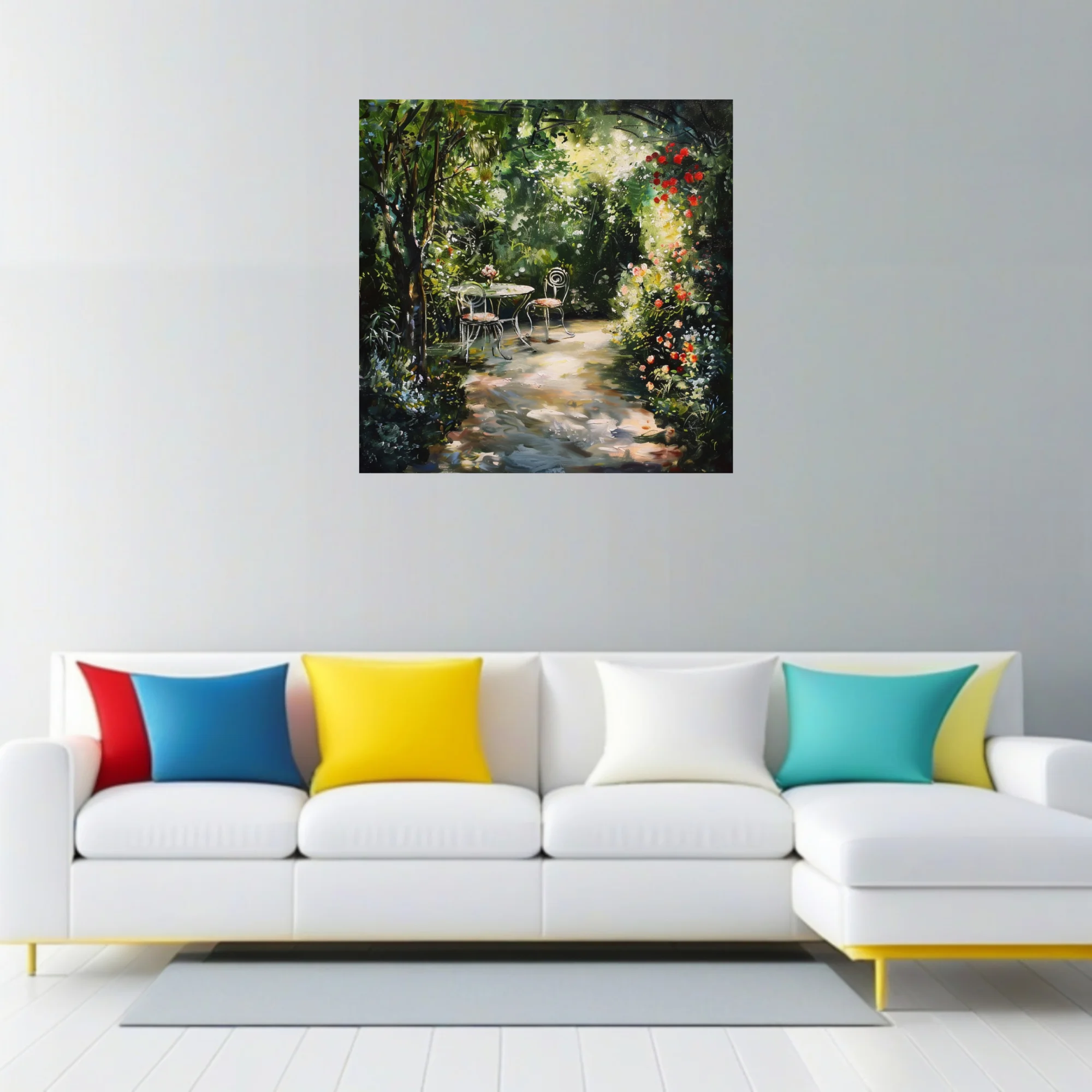 Soft painterly garden scene with bistro table, blooming florals, and sun-dappled path in lush greens