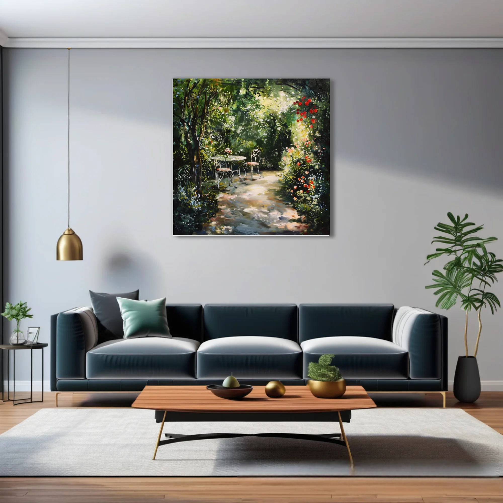 Soft painterly garden scene with bistro table, blooming florals, and sun-dappled path in lush greens