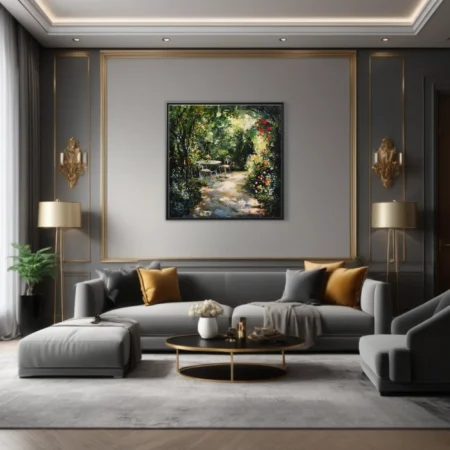 Soft painterly garden scene with bistro table, blooming florals, and sun-dappled path in lush greens