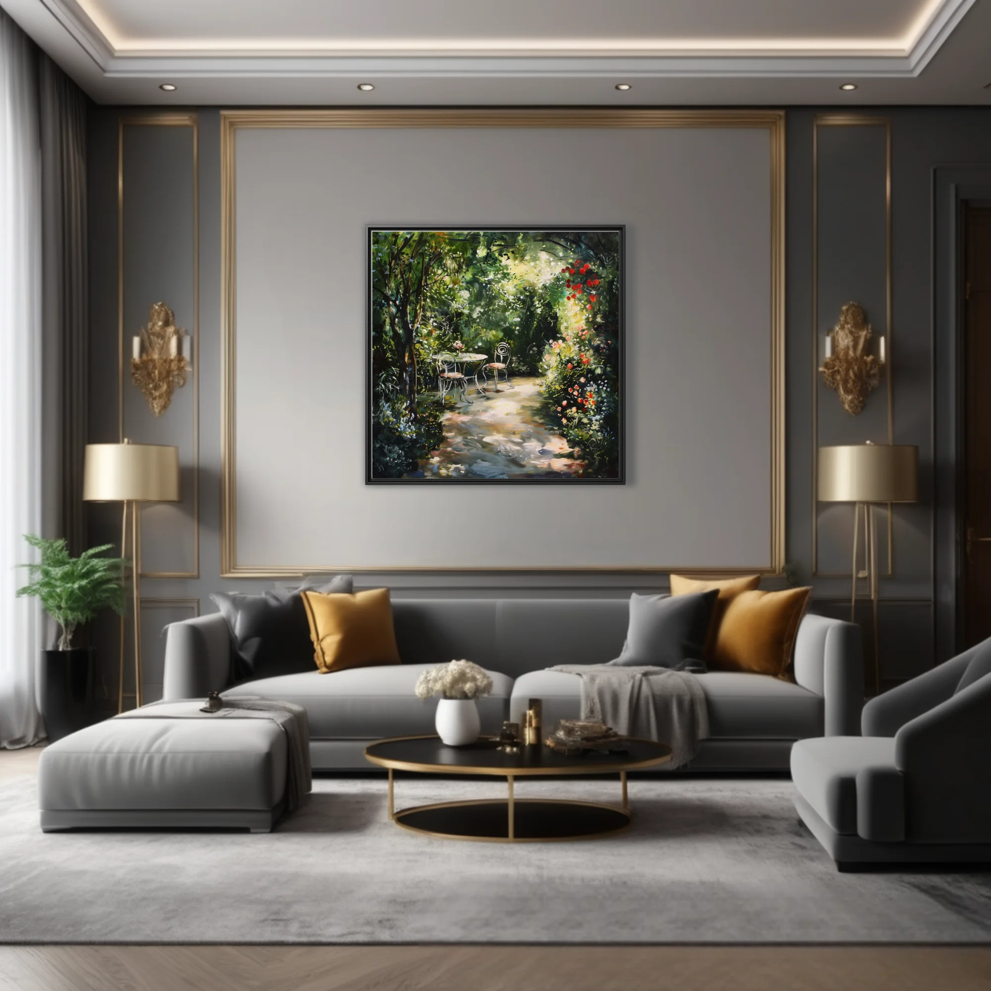 Soft painterly garden scene with bistro table, blooming florals, and sun-dappled path in lush greens