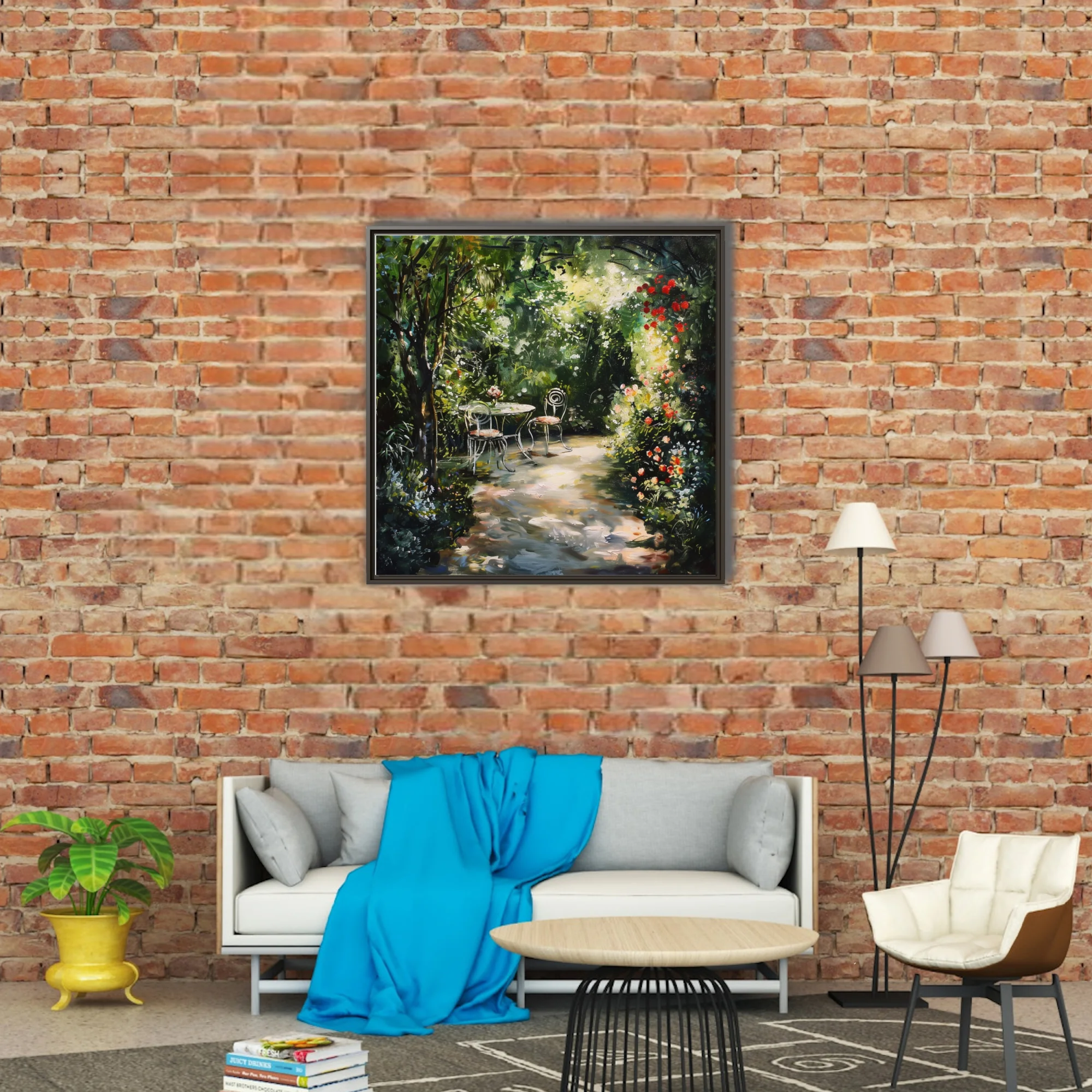 Soft painterly garden scene with bistro table, blooming florals, and sun-dappled path in lush greens