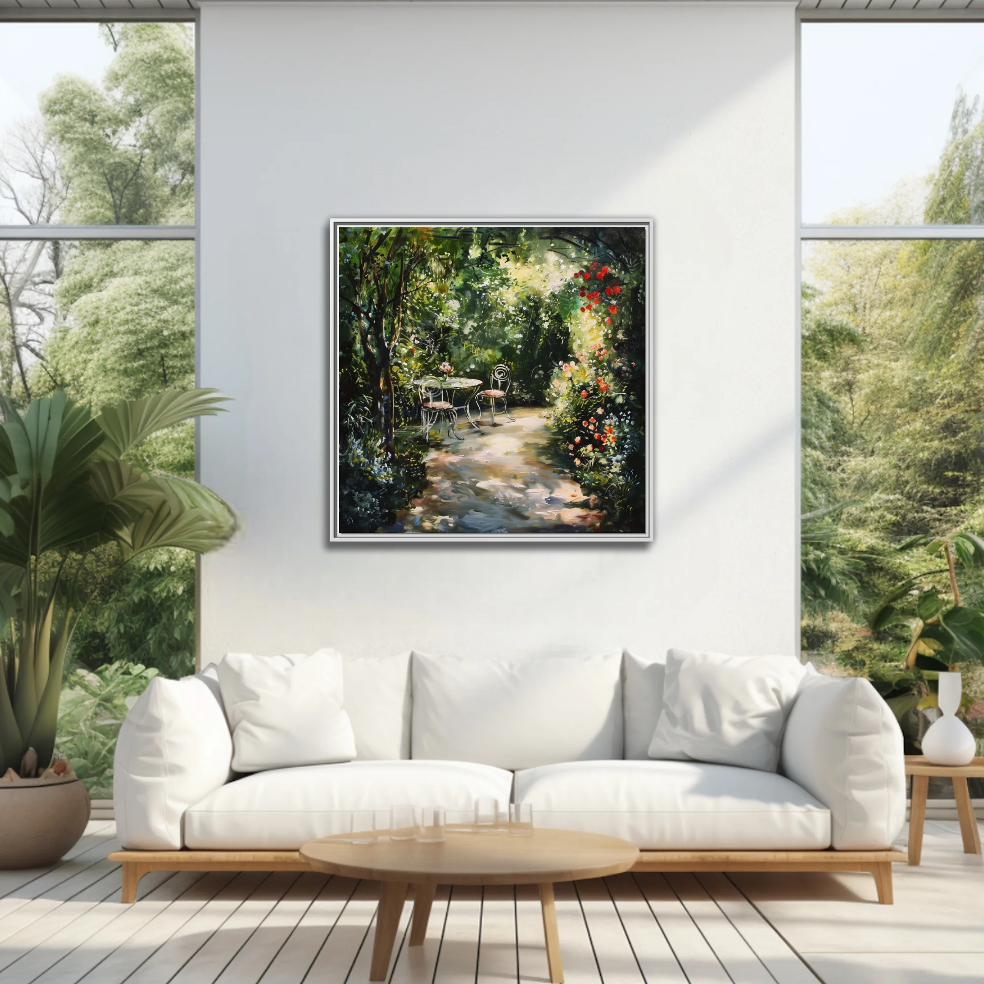 Soft painterly garden scene with bistro table, blooming florals, and sun-dappled path in lush greens