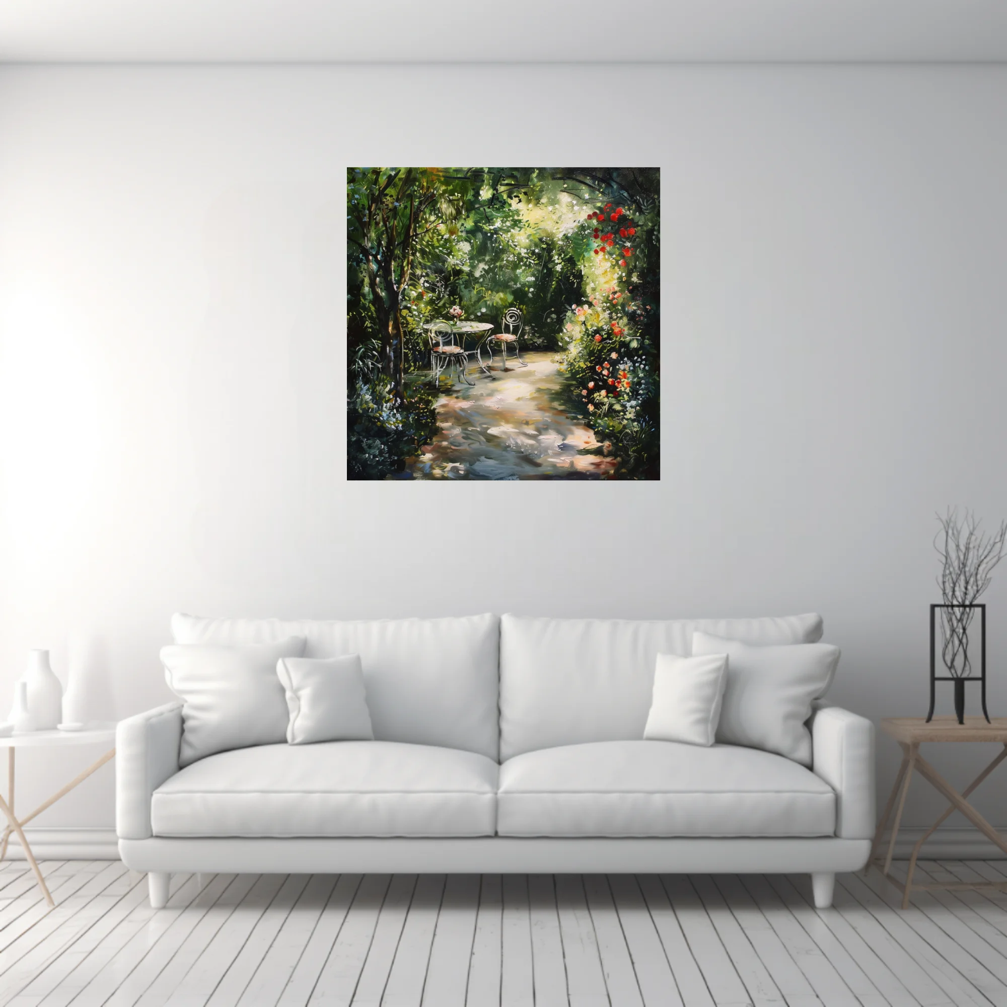 Soft painterly garden scene with bistro table, blooming florals, and sun-dappled path in lush greens