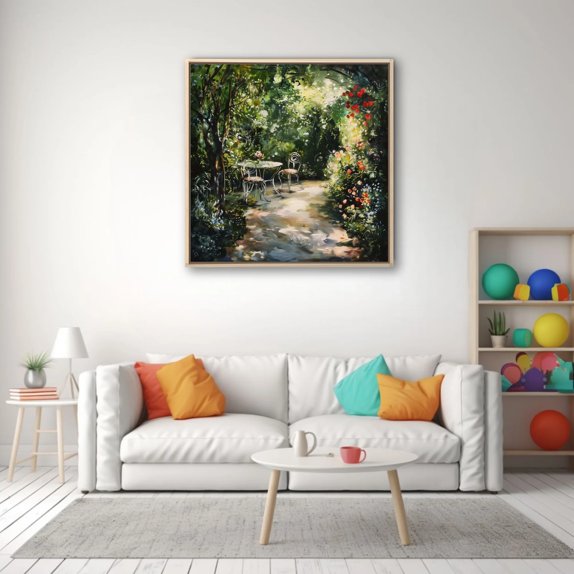 Soft painterly garden scene with bistro table, blooming florals, and sun-dappled path in lush greens