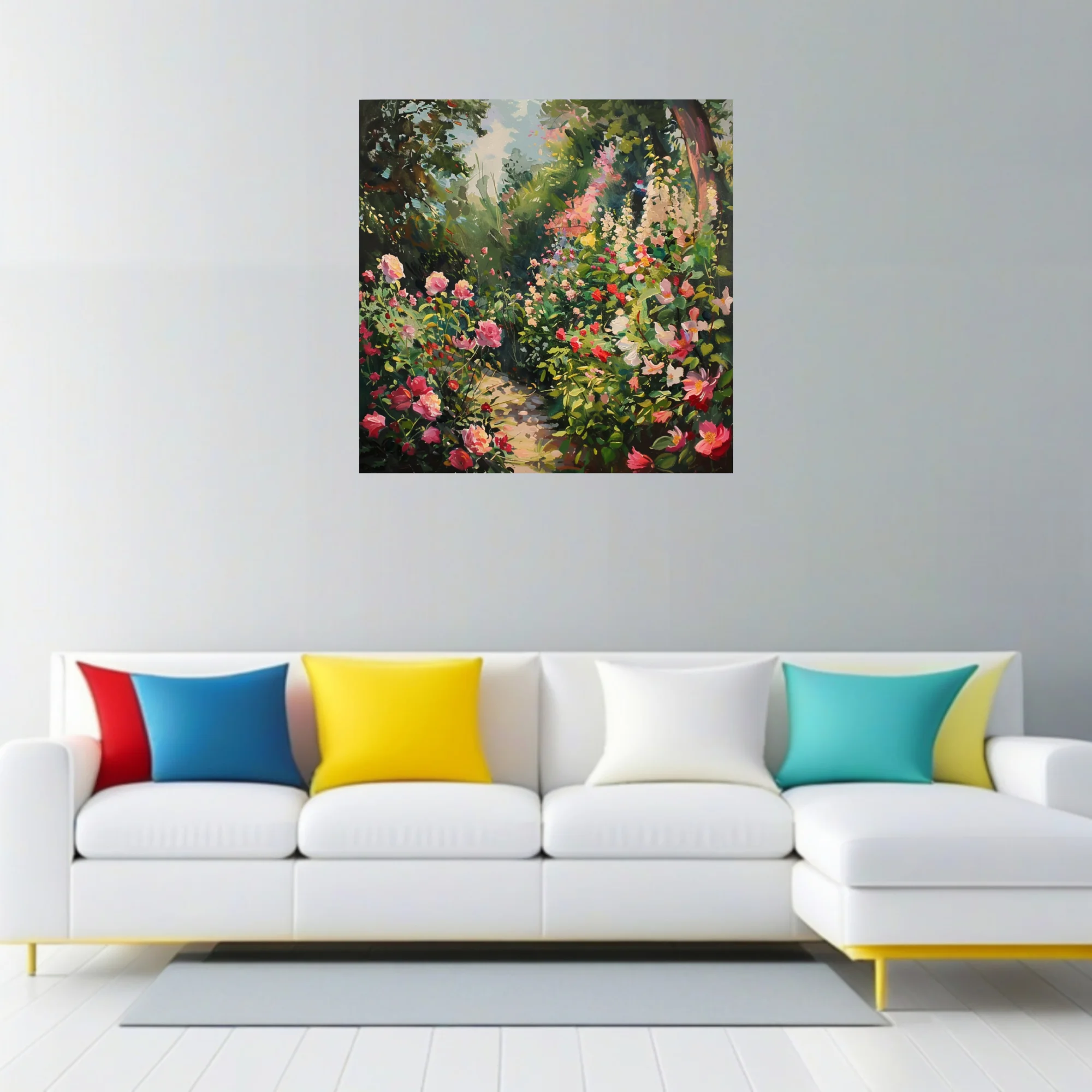 Soft painterly flower garden artwork with pink coral blooms, lush greenery, and dappled sunlit path