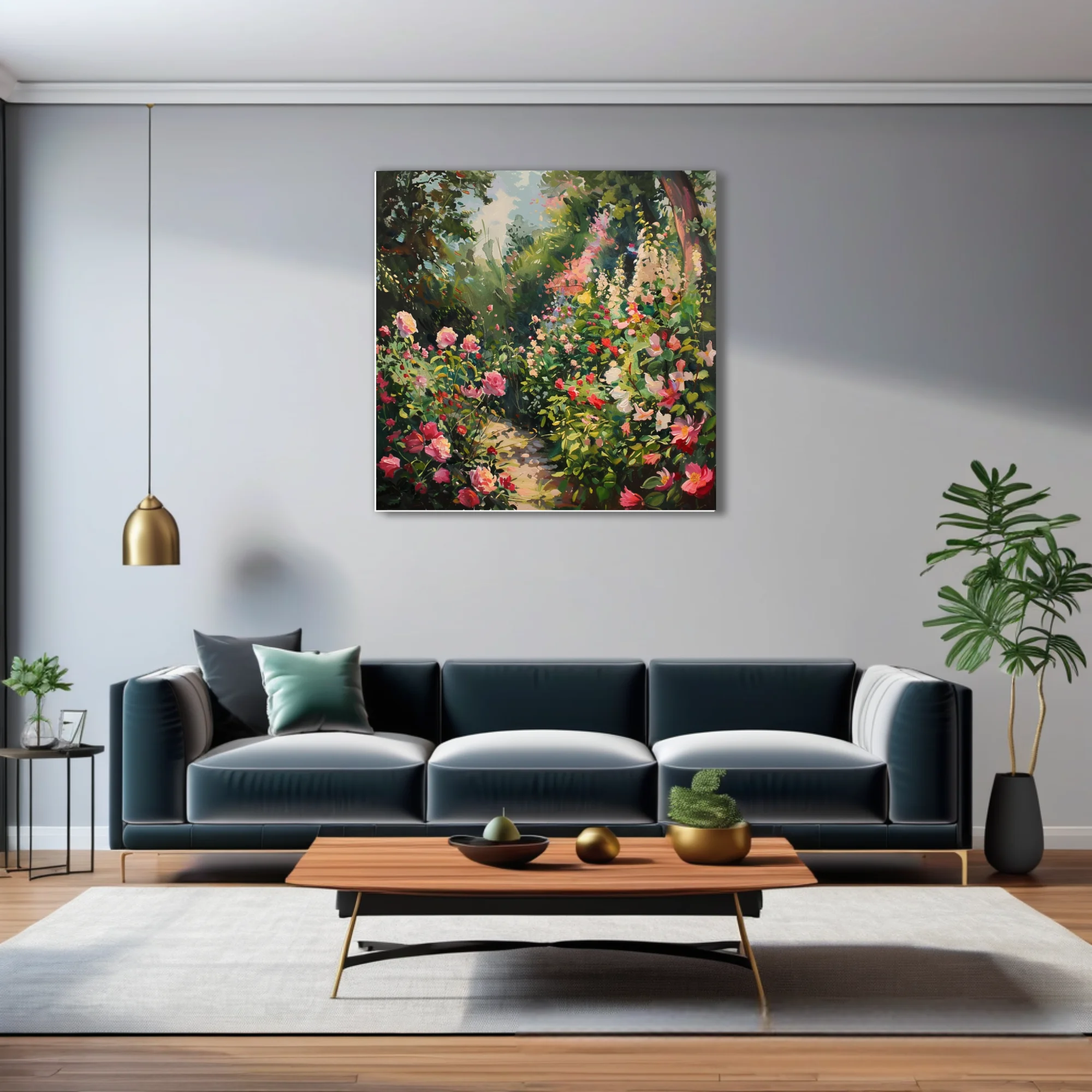 Soft painterly flower garden artwork with pink coral blooms, lush greenery, and dappled sunlit path