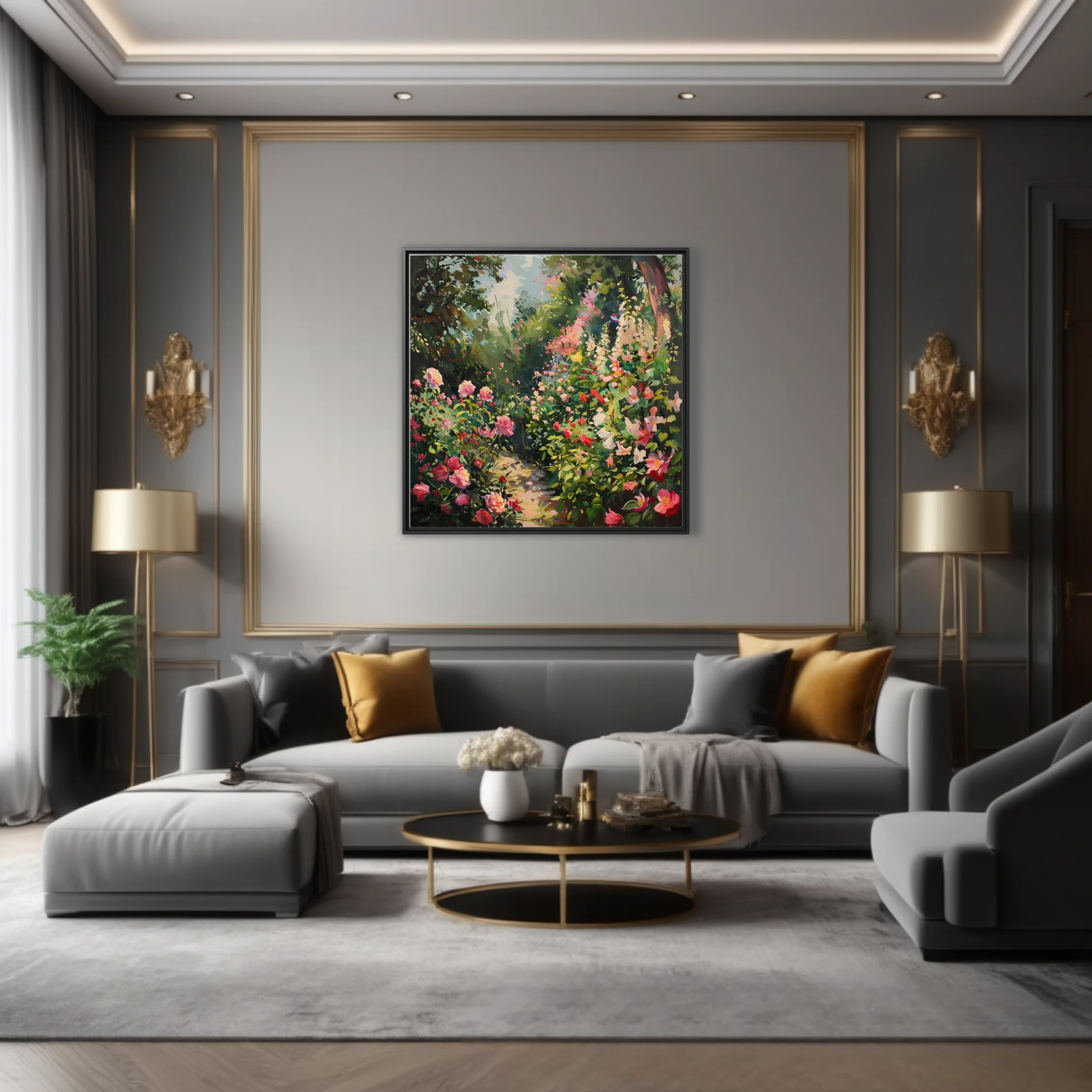 Soft painterly flower garden artwork with pink coral blooms, lush greenery, and dappled sunlit path