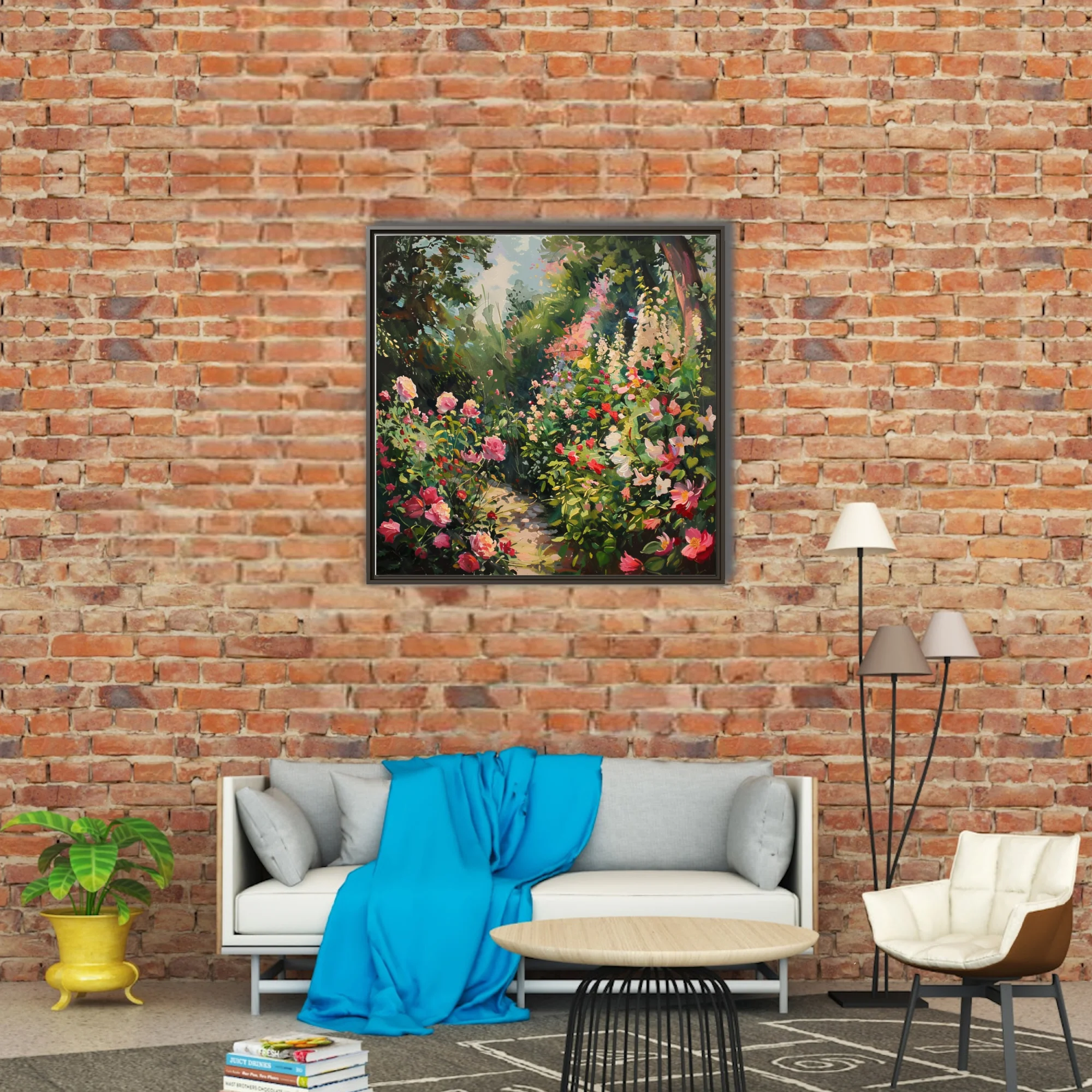 Soft painterly flower garden artwork with pink coral blooms, lush greenery, and dappled sunlit path