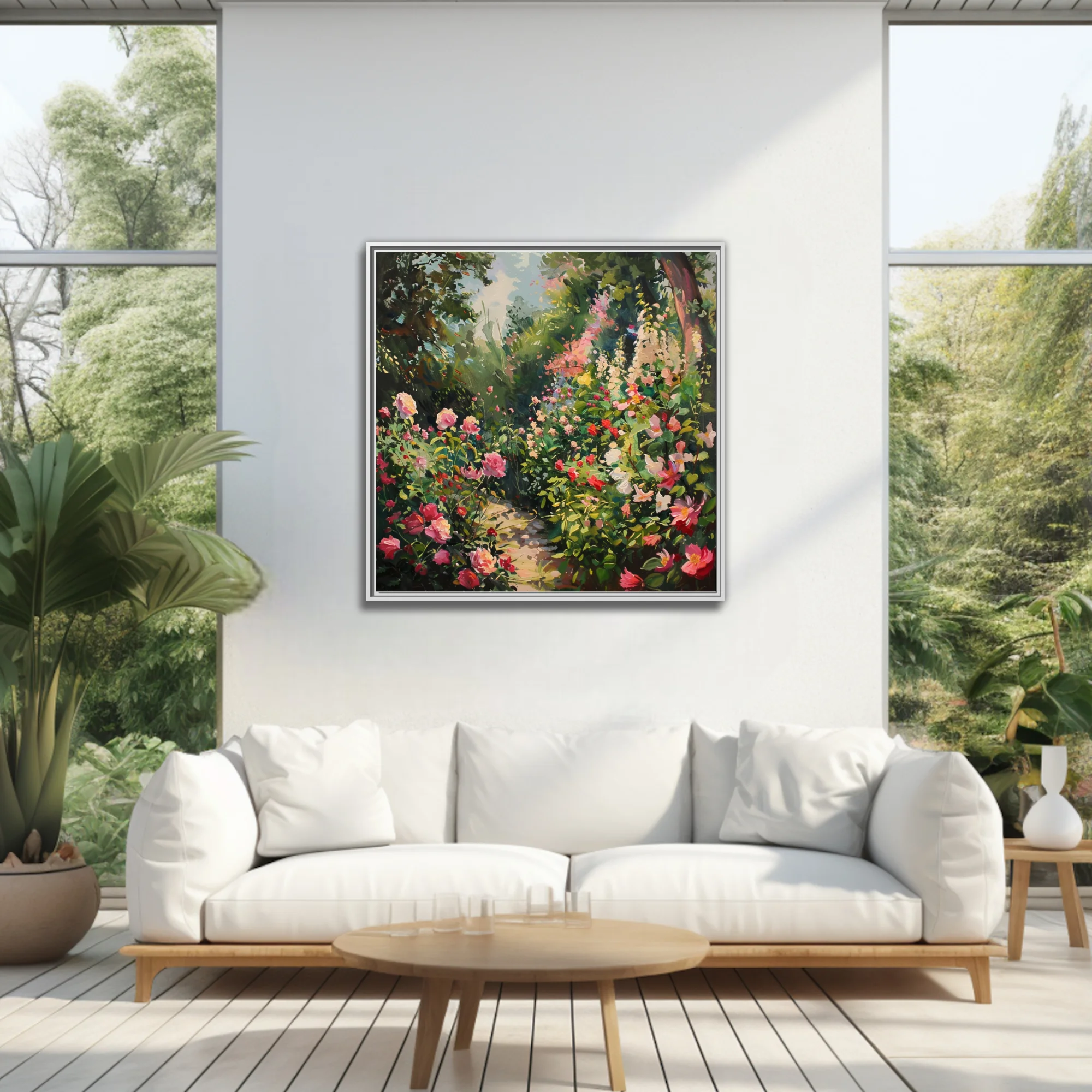 Soft painterly flower garden artwork with pink coral blooms, lush greenery, and dappled sunlit path