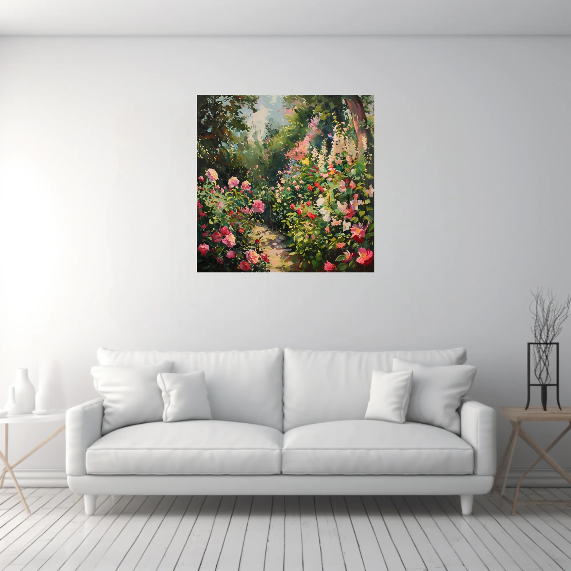 Soft painterly flower garden artwork with pink coral blooms, lush greenery, and dappled sunlit path