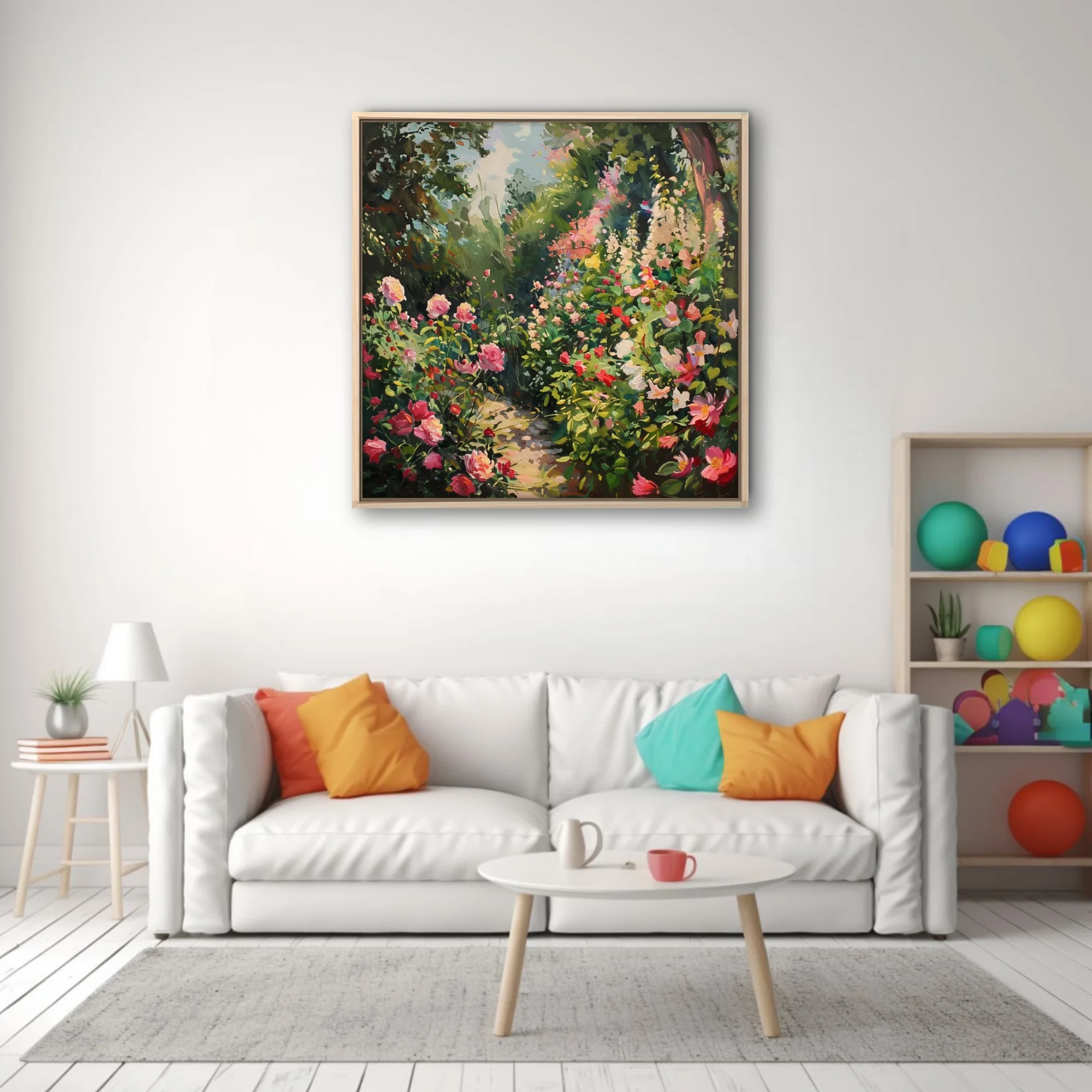 Soft painterly flower garden artwork with pink coral blooms, lush greenery, and dappled sunlit path