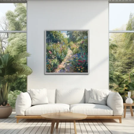 Soft painterly flower garden path with pink, blue, and yellow blooms in lush summer light