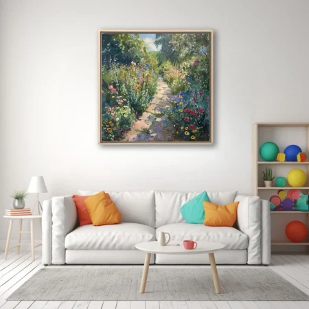 Soft painterly flower garden path with pink, blue, and yellow blooms in lush summer light
