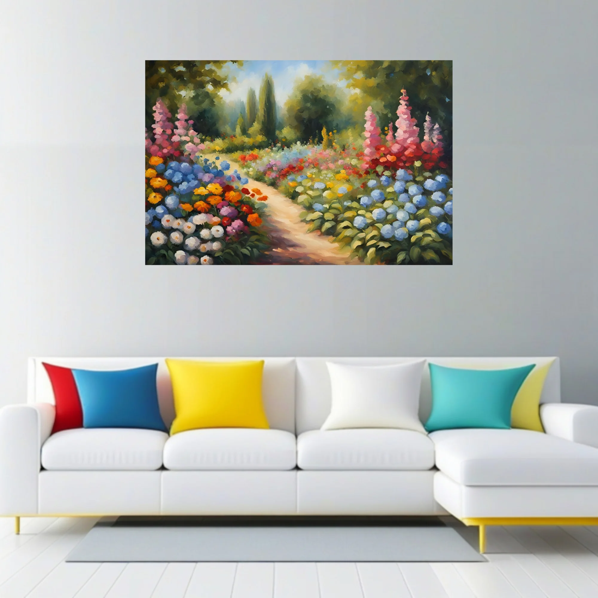 Soft painterly flower garden landscape with winding path, hydrangeas, hollyhocks, and vivid summer blooms