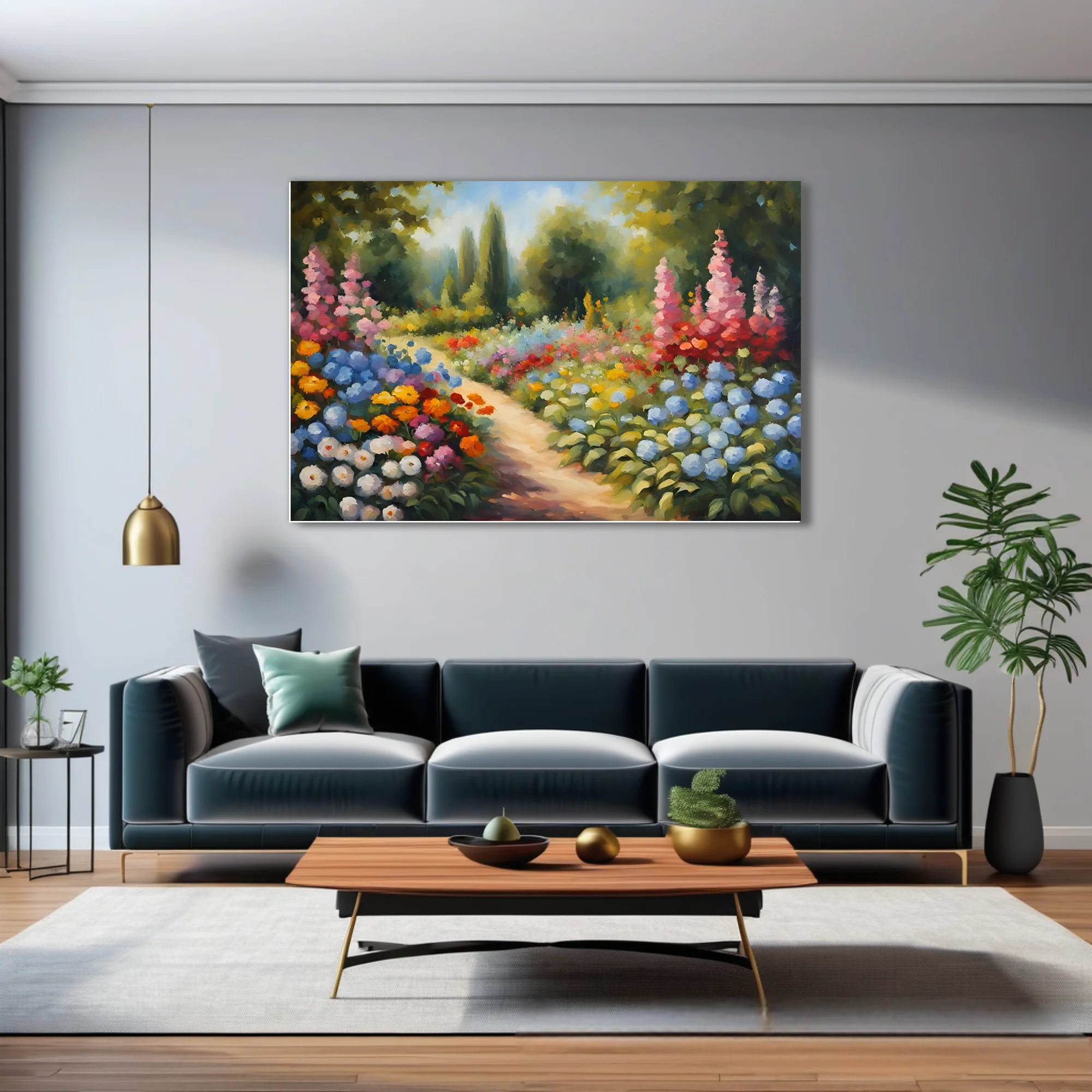 Soft painterly flower garden landscape with winding path, hydrangeas, hollyhocks, and vivid summer blooms
