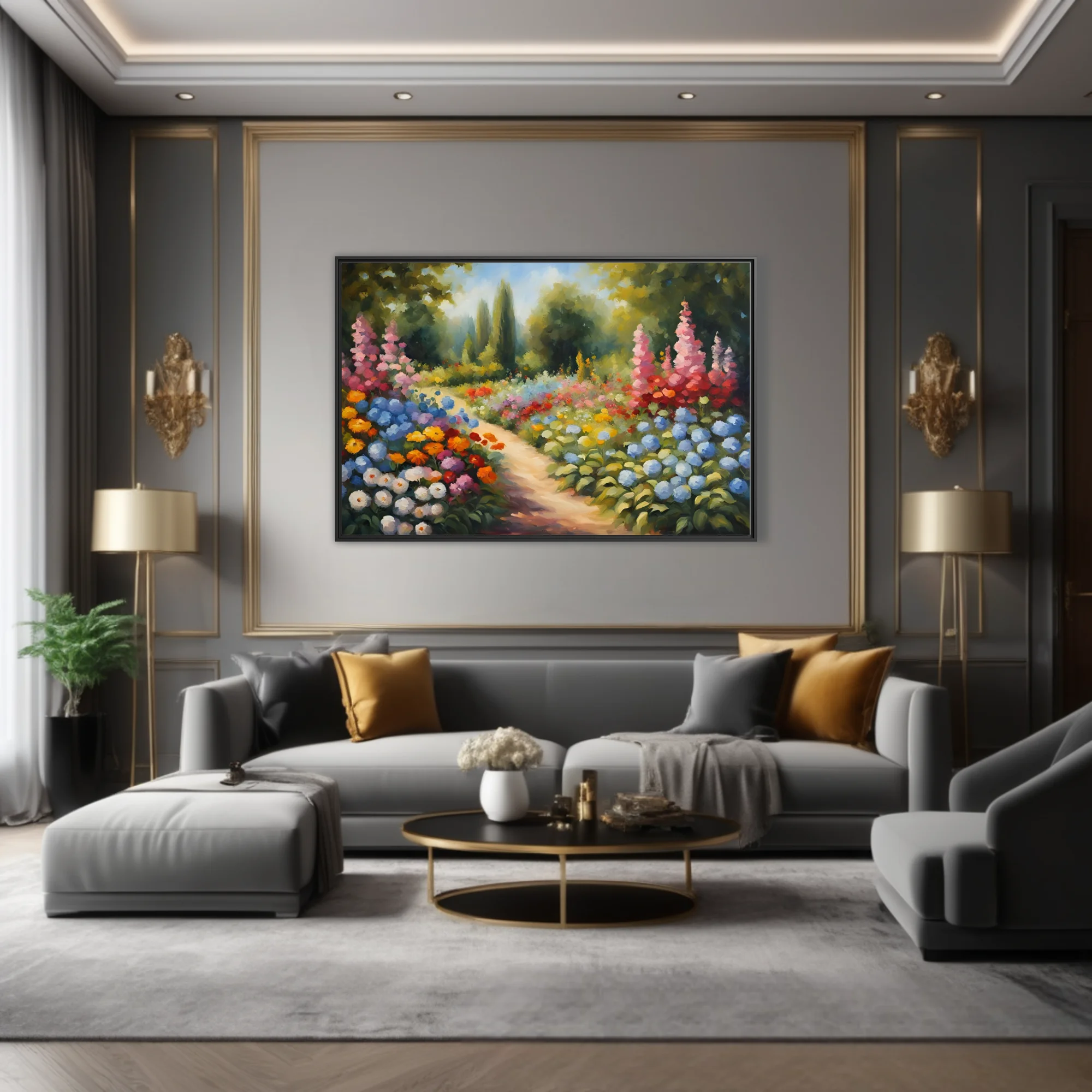 Soft painterly flower garden landscape with winding path, hydrangeas, hollyhocks, and vivid summer blooms
