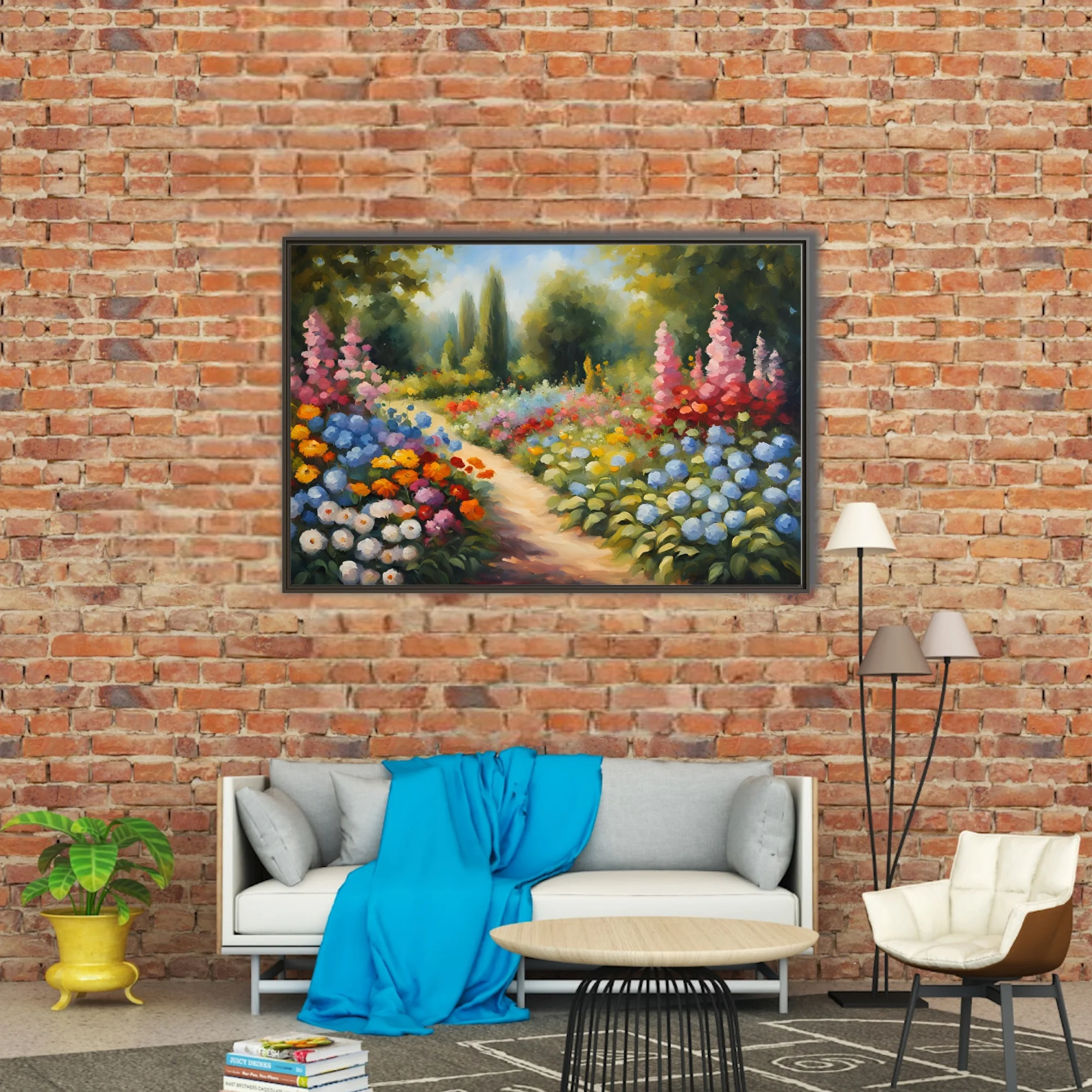 Soft painterly flower garden landscape with winding path, hydrangeas, hollyhocks, and vivid summer blooms