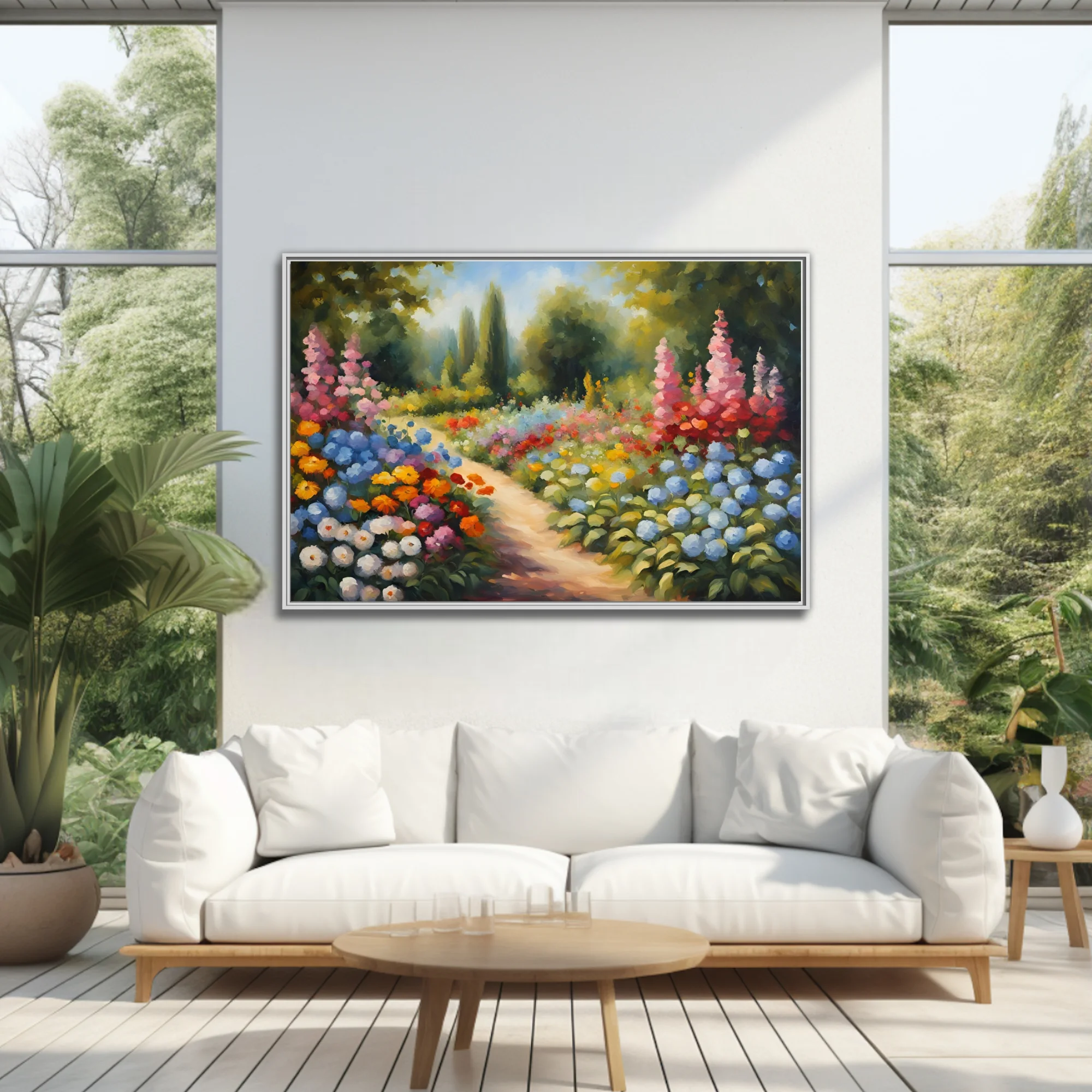 Soft painterly flower garden landscape with winding path, hydrangeas, hollyhocks, and vivid summer blooms