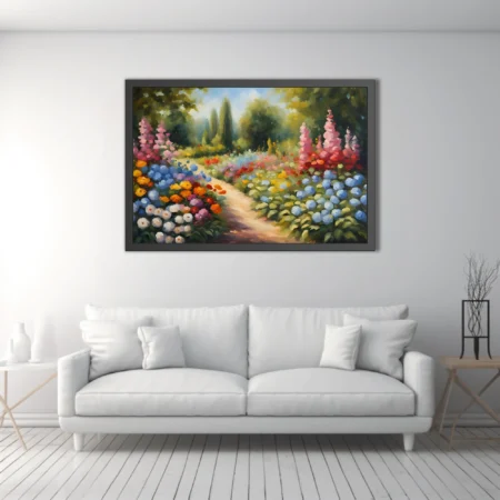 Soft painterly flower garden landscape with winding path, hydrangeas, hollyhocks, and vivid summer blooms