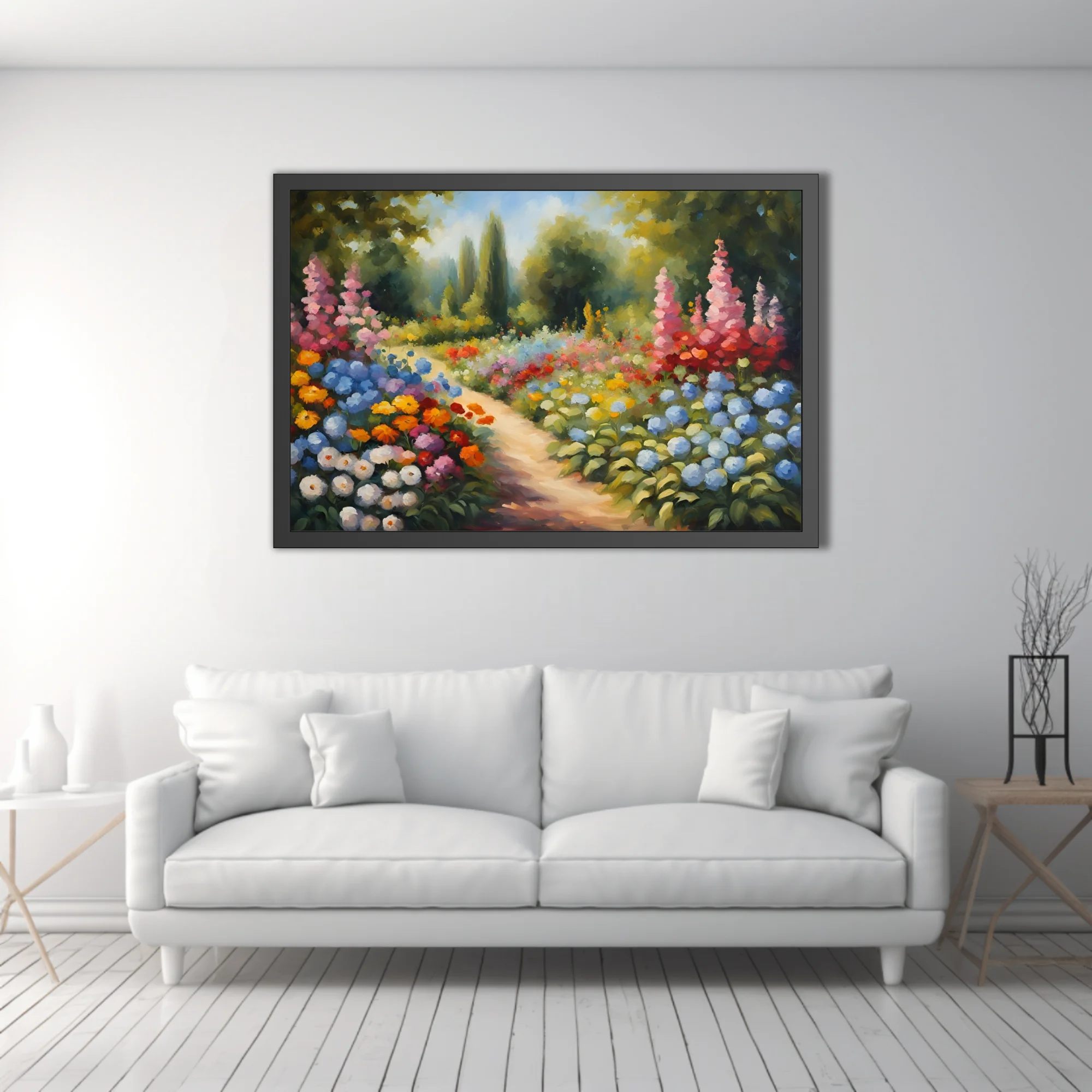 Soft painterly flower garden landscape with winding path, hydrangeas, hollyhocks, and vivid summer blooms