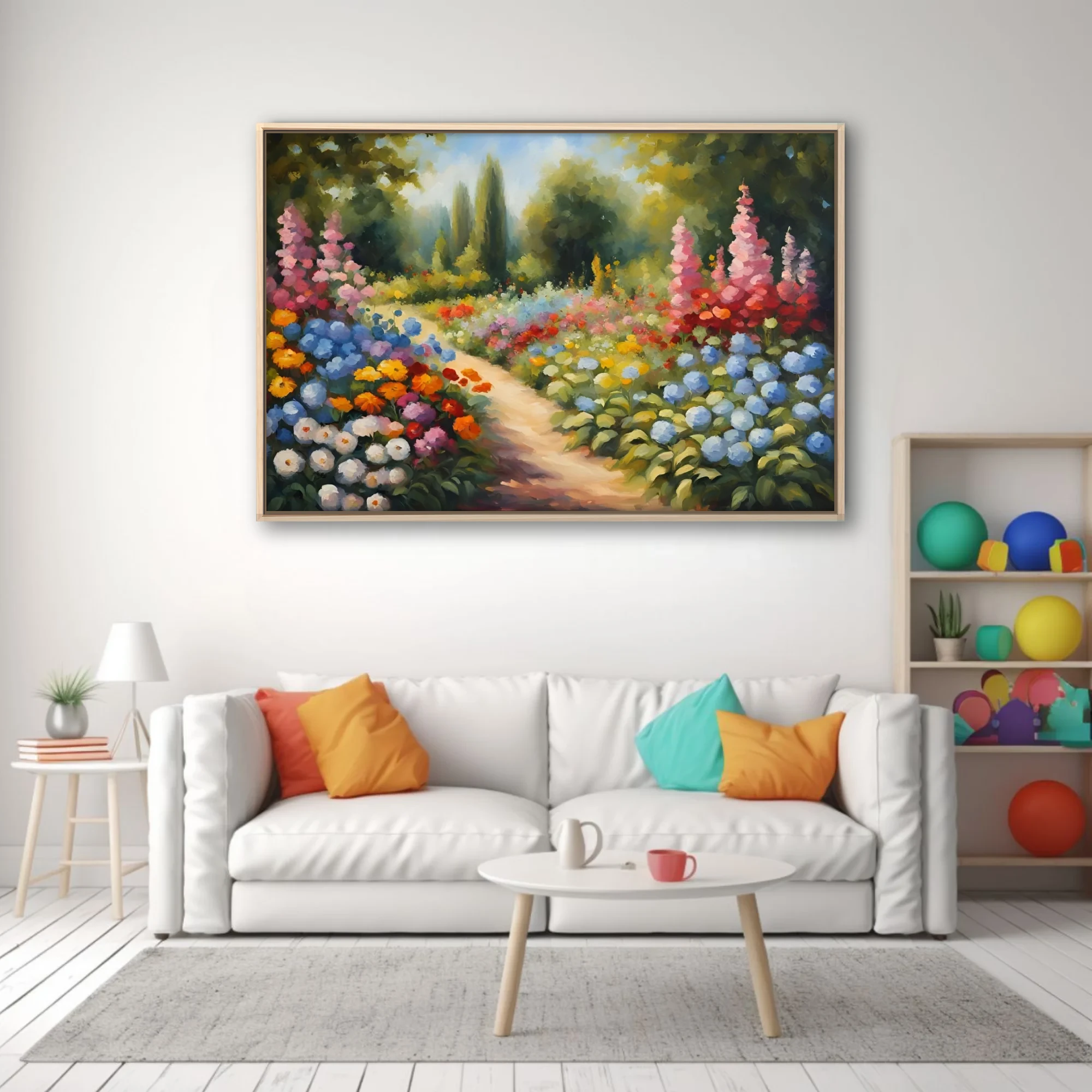 Soft painterly flower garden landscape with winding path, hydrangeas, hollyhocks, and vivid summer blooms