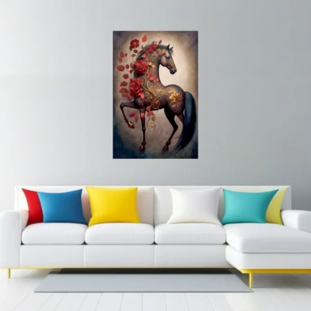 Fantasy horse with gold filigree and red roses, dark decorative art print