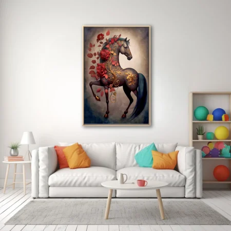 Fantasy horse with gold filigree and red roses, dark decorative art print